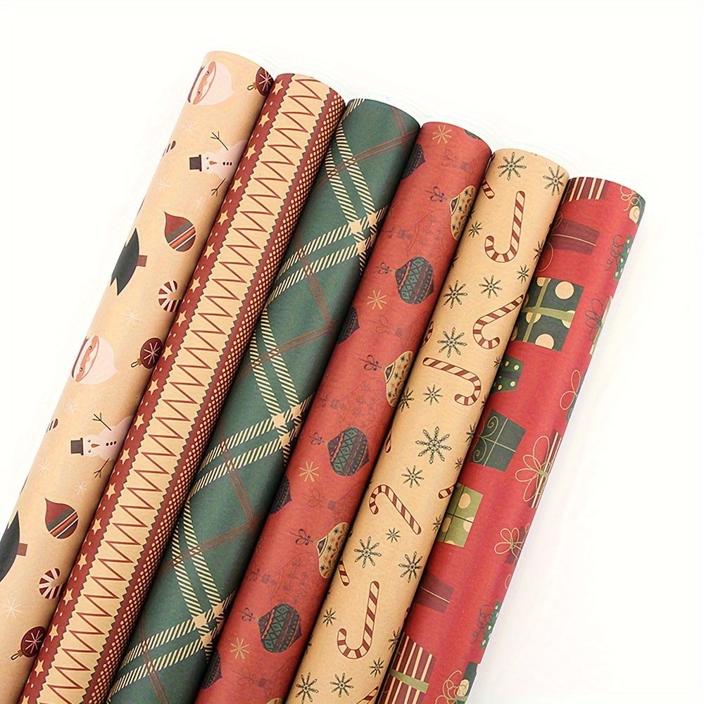 

6-pack Christmas Kraft Gift Wrap Paper - Reindeer, Snowman, Bell, & Tree Holiday Designs For Present Packaging & Party Decor