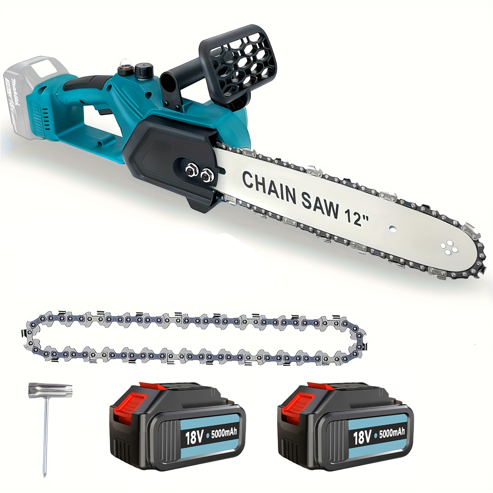 Безчетков верижен трион 18V, съвместим с батерия Makita DUC307ZX2 18V, 30.48 см верижен трион с 2x5000mAh батерии, едноръчен трион за градински ножици, секачи и рязане на дърва (без зарядно устройство)