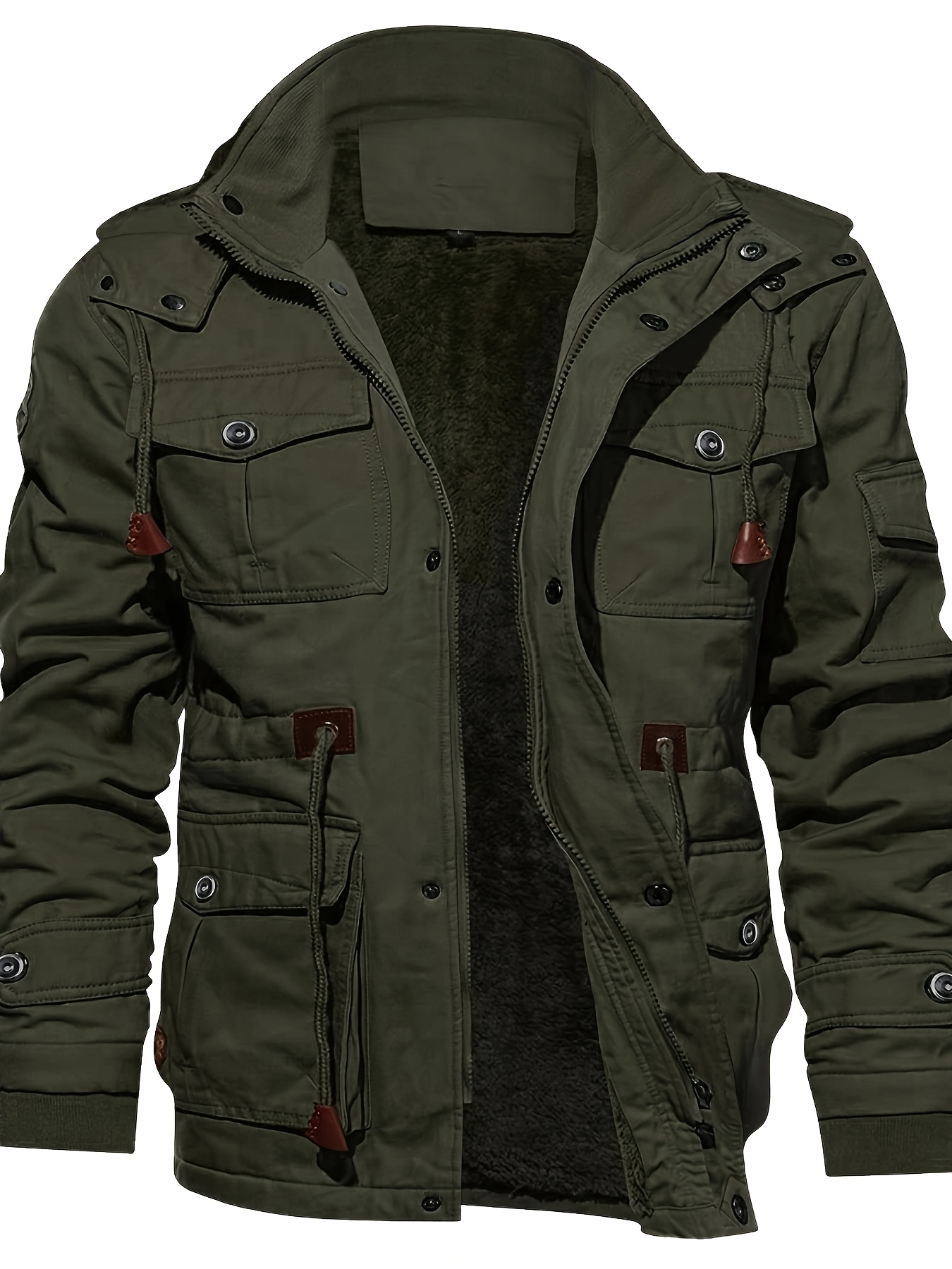Chaqueta larga resistente para hombre con capucha y cremallera completa, múltiples bolsillos utilitarios, color verde oliva, abrigo para clima frío, exterior, viajes y negocios, lavable a máquina, chaqueta de poliéster, ropa de trabajo al aire libre, ropa casual, forro suave y cómodo