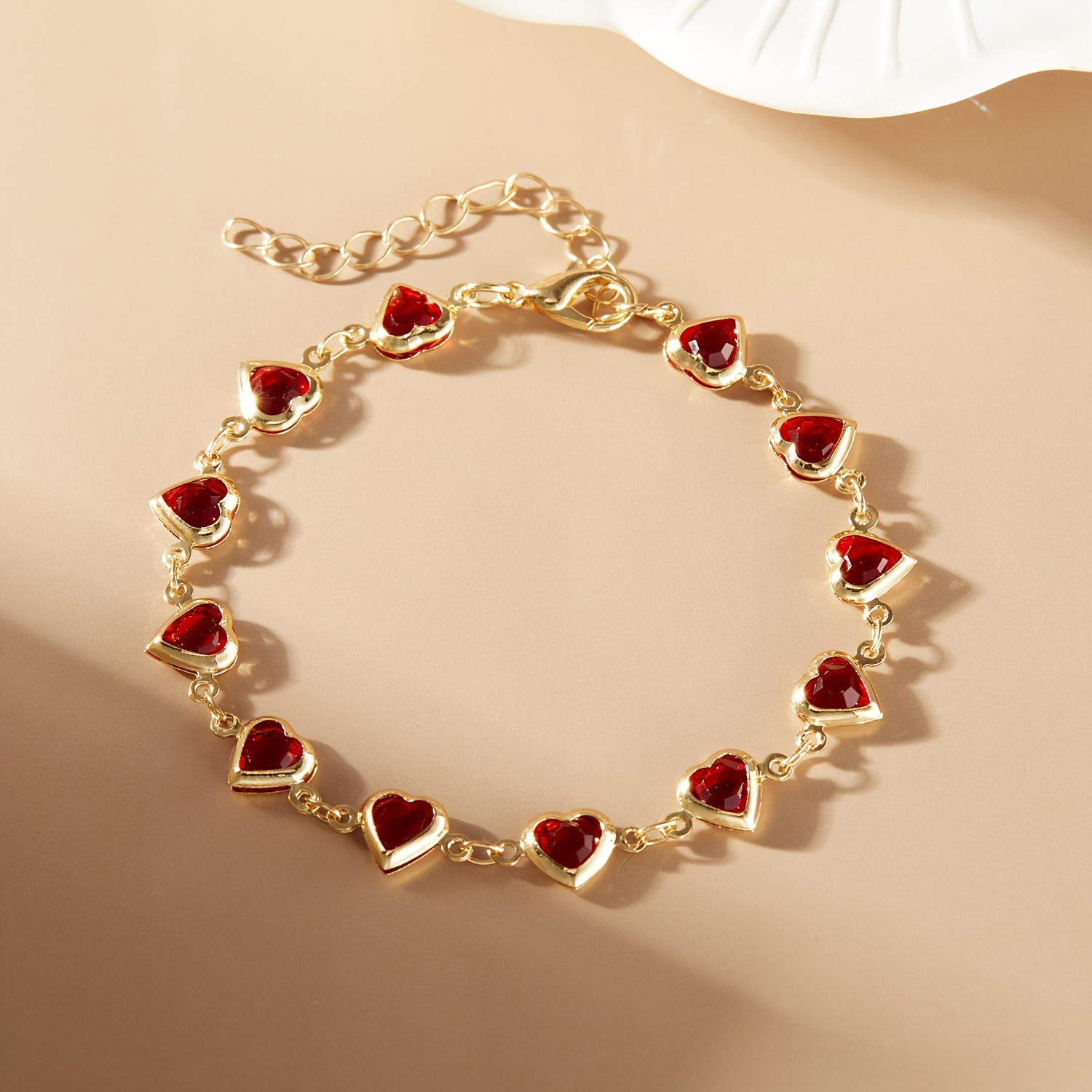 Elegant Golden-Tone Red Heart Charm Bracelet for Women - Adjustable, Versatile Accessory with Sparkling Gemstones, Perfect for Casual to Formal Occasions, Wedding Bracelet|Stylish Women&#39;s Bracelet|Gemstone Embellished, Cute Bracelets