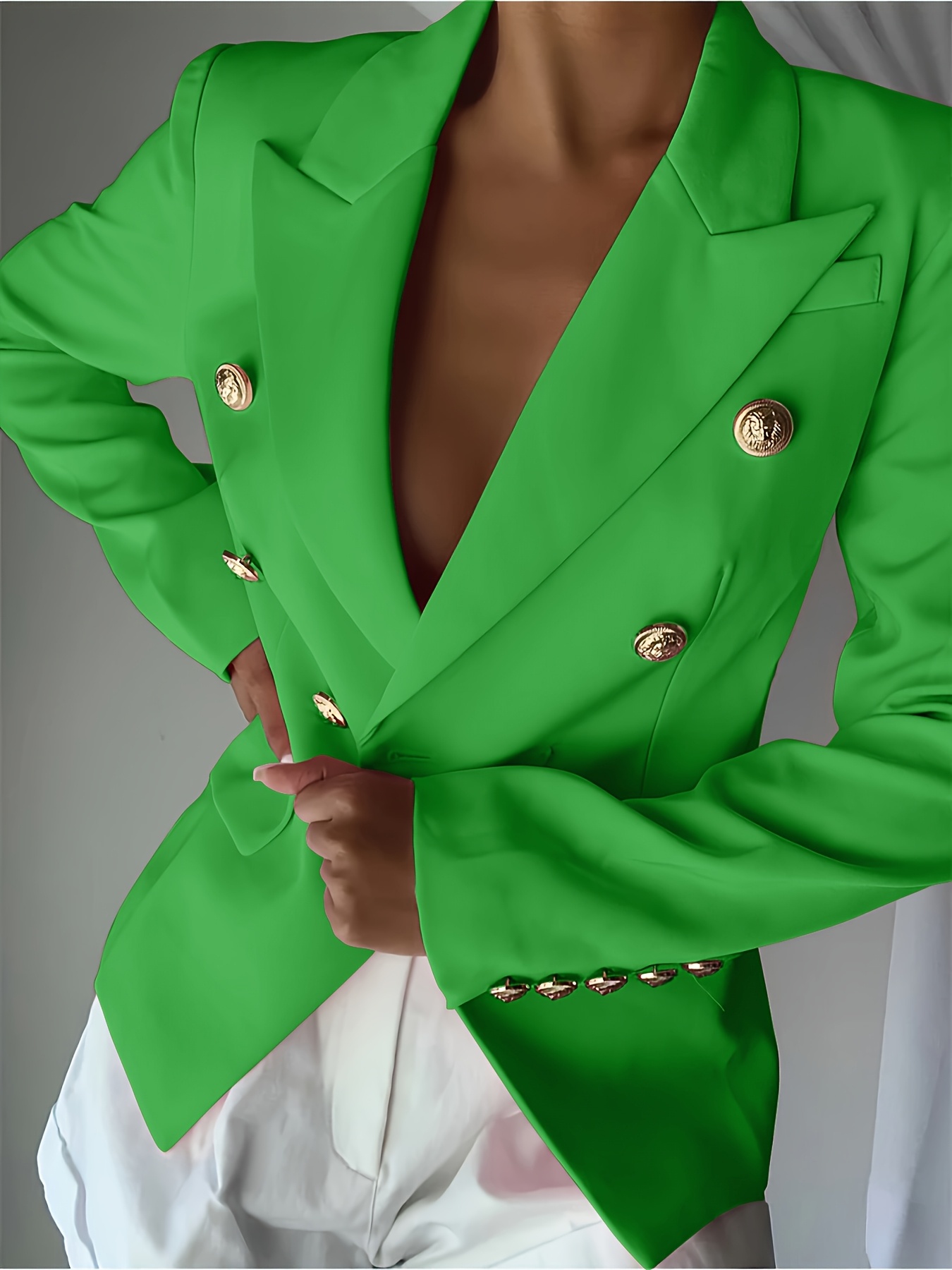 Women's Elegant Pink Double-Breasted Blazer - Polyester, Long Sleeve, Lapel Collar with Golden Buttons, Stylish Work Office Jacket