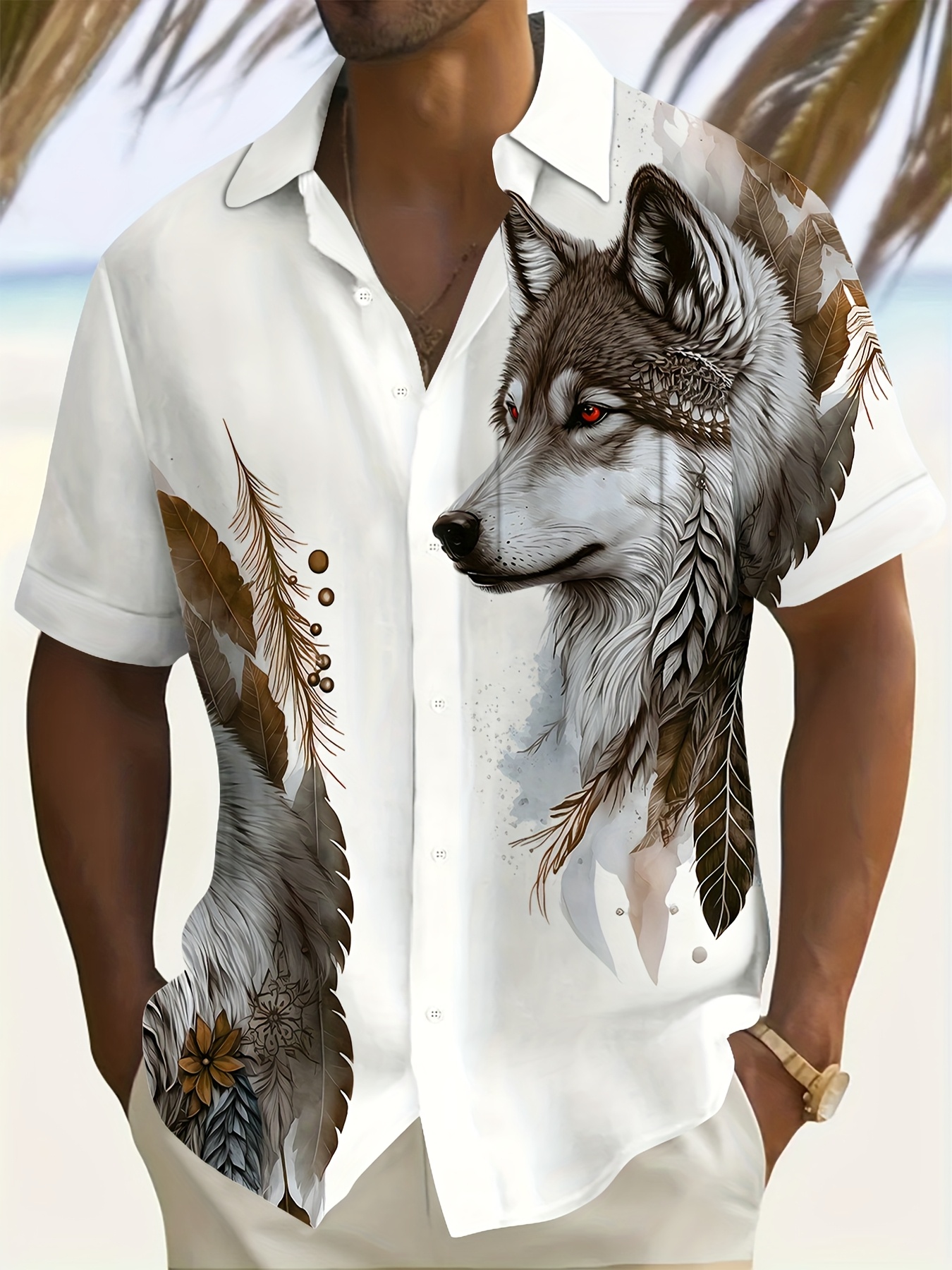 mens casual wolf print short sleeve shirt stylish and versatile ideal for dates polyester button up collar summer wear wolf decor