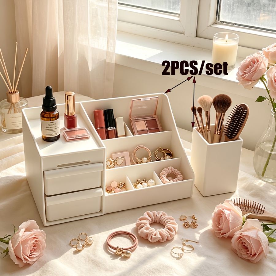 TEMU Multifunctional Cosmetic Storage Box   Makeup Brush Holder Set, 2pcs Set, Large Capacity Compartment Organizer For Skincare And Jewelry, White,