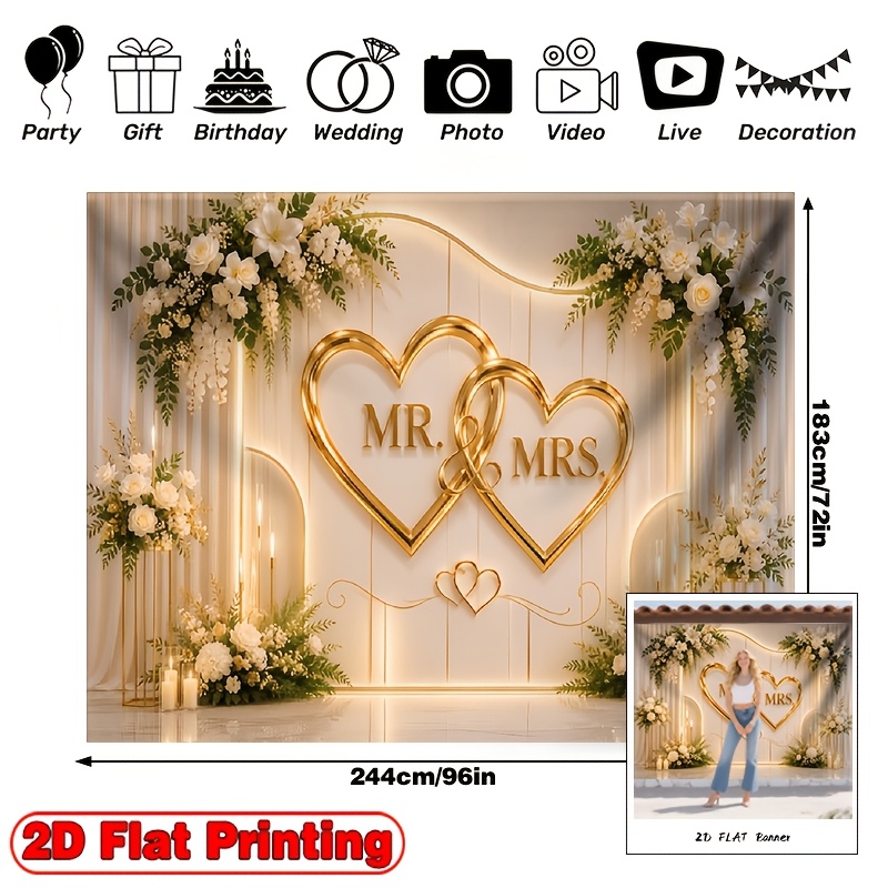 TEMU 2d Flat, 2d Flat - 2d Flat, 2d Flat - 2d Flat Printing Banner 1pc Party Banner, Romantic Wedding -themed Backdrop Featuring Overlapping With ""