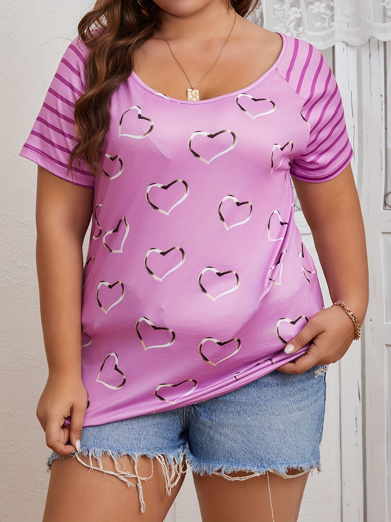  Womens Plus Size Tops Hot Pink Heart Shirts Short
