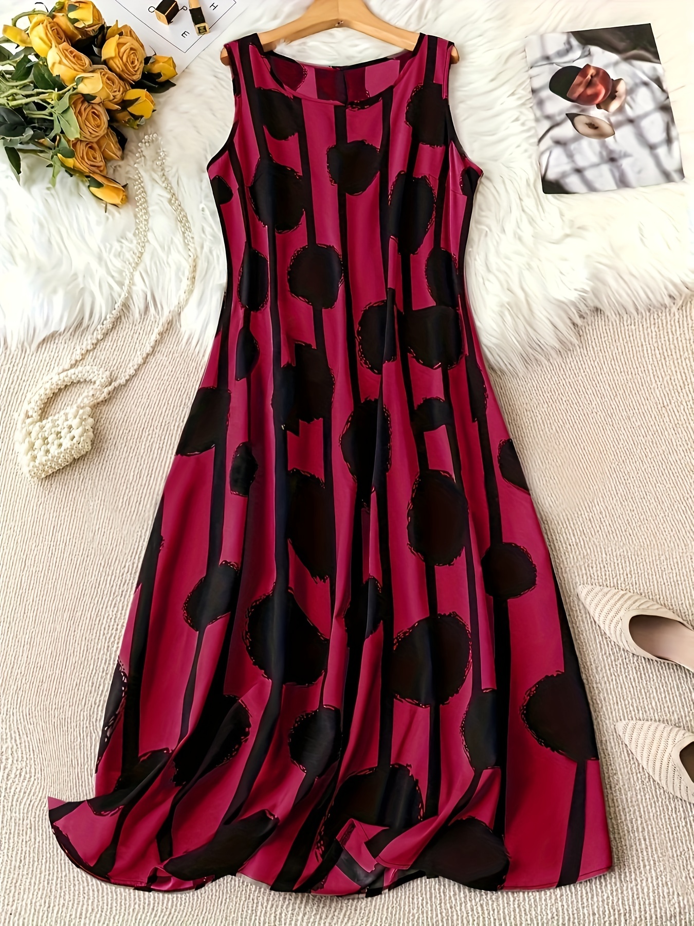 Large Women's Elegant Sleeveless Dress Casual Print Round Neck Dress