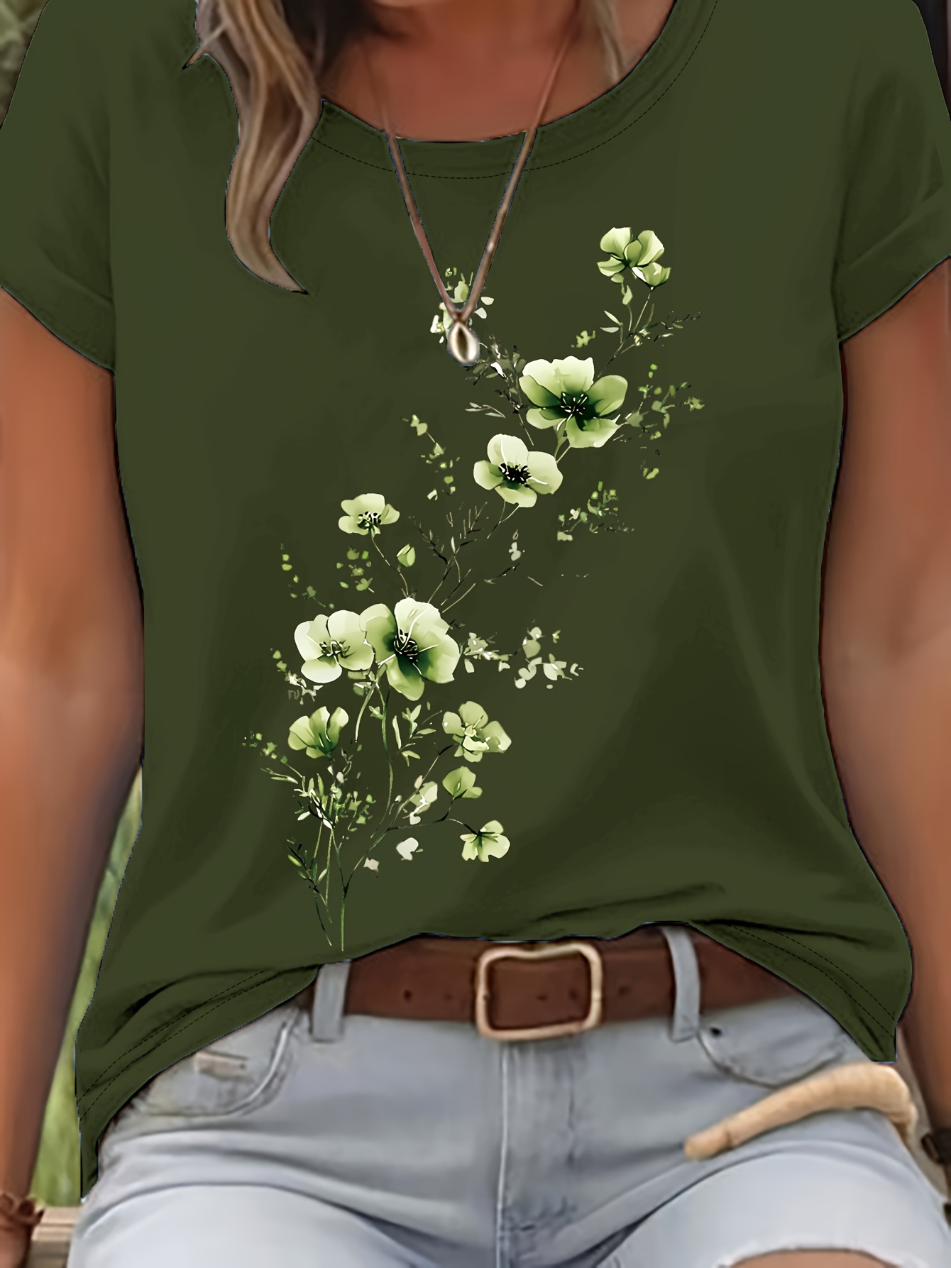 watercolor elegant floral pattern print short sleeves round neck t shirt spring and summer casual womens wear