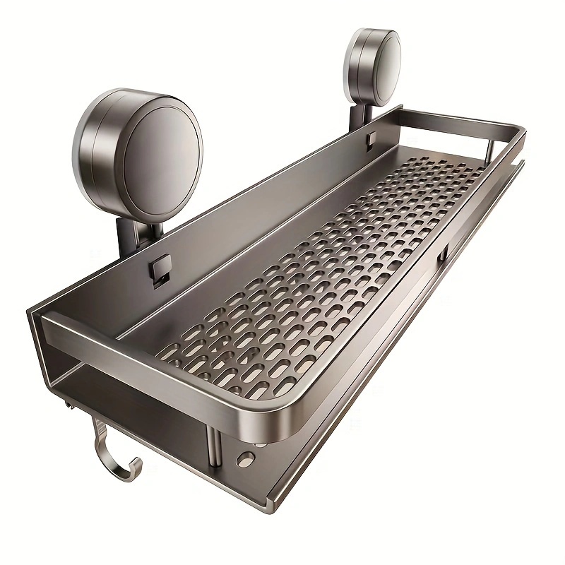 TEMU 1 Rust-resistant Wall-mounted Shower Shelf Featuring Suction Cups - A Polished Floating Shelf With Towel Hooks, Designed To In The Bathroom For Storing Shampoo, Soap, And Other Items