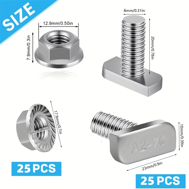 Image of 50pcst Set M8x20mm T Slot Bolts Stud Sliding Screw With Hexagon Flange Aluminum Extrusion Profile Photovoltaic Solar Mounting