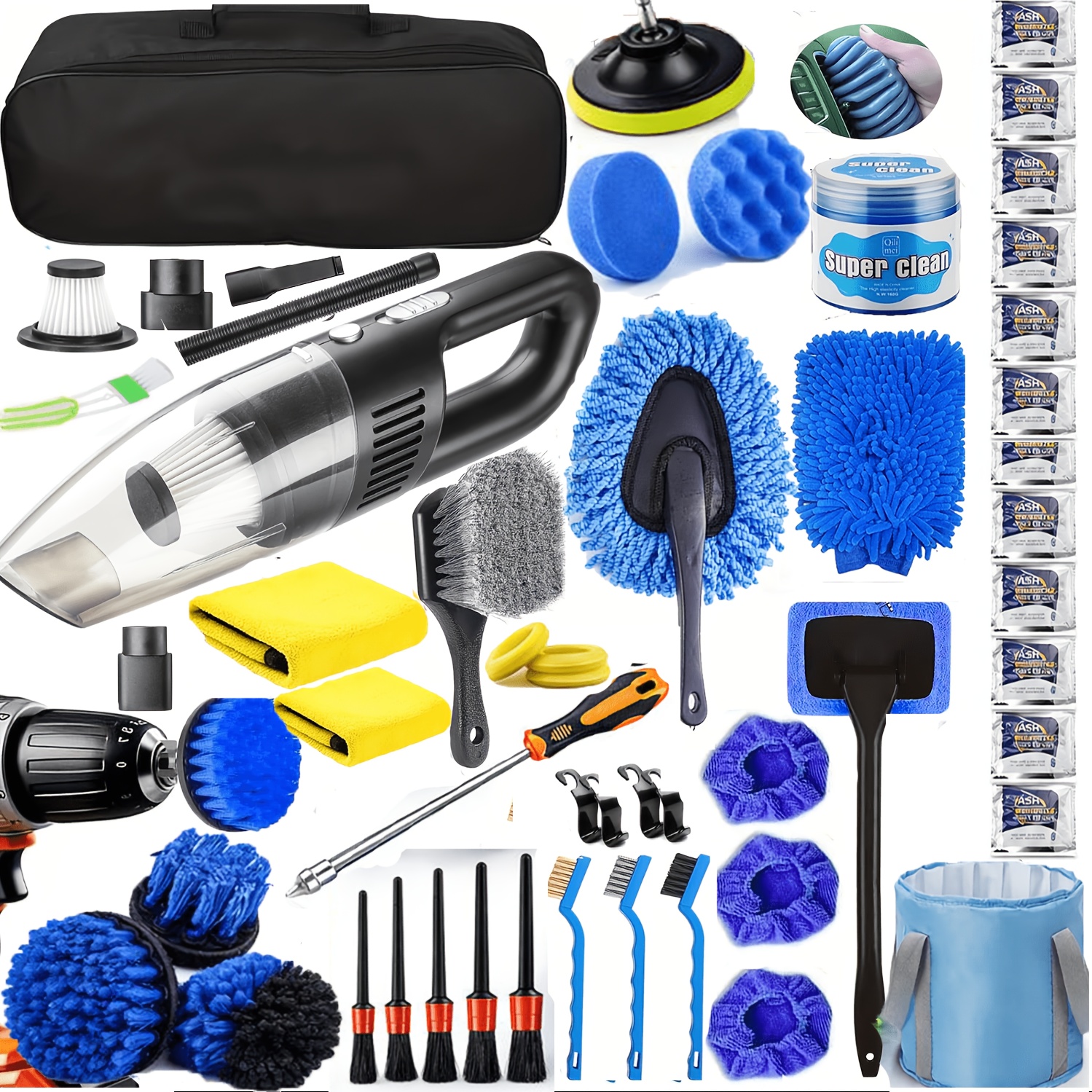 TEMU 46pcs Car Cleaning And Washing Kit, Internal Detail Cleaning Kit, With Handheld Vacuum Cleaner, Foldable Bucket, Windshield Tool, Snow Shovel,