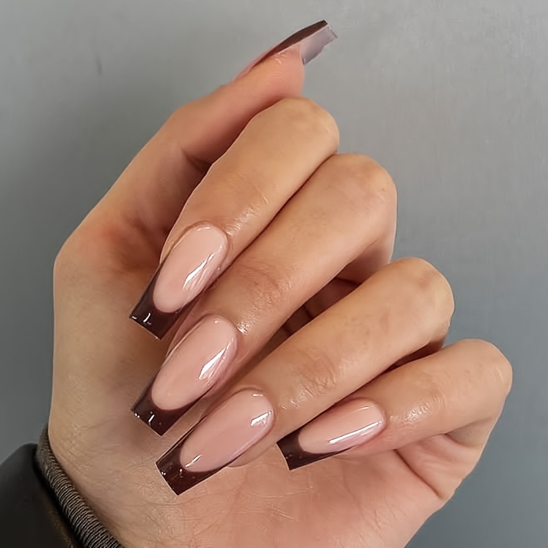 24pcs Long Square Press On Nail Tips For Nail Art Decoration. Y2k Brown Minimalist Full-coverage Nail Tips, Complete Nail Set. Suitable For Women And.