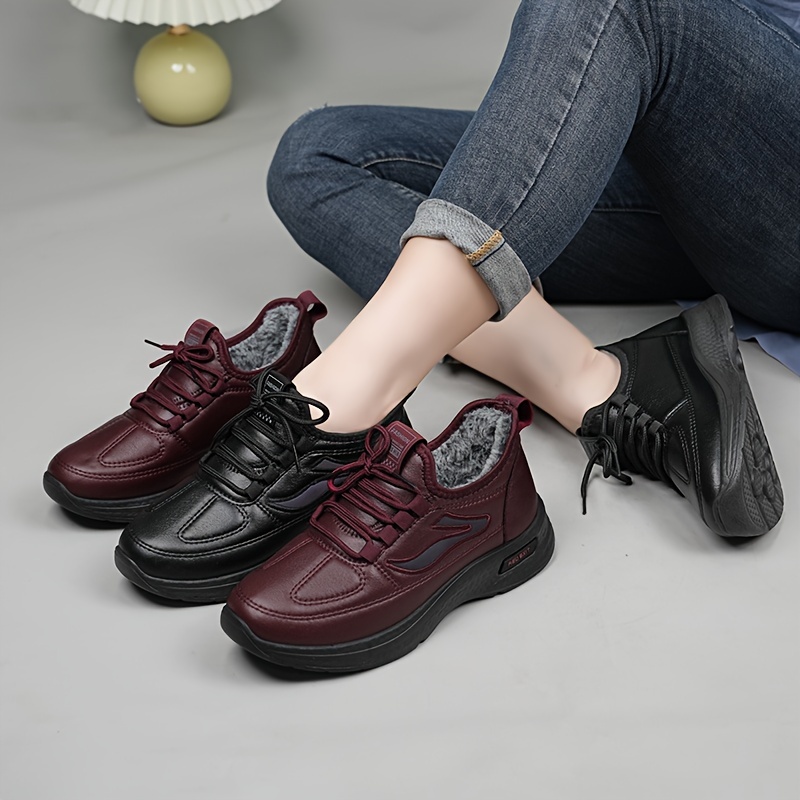 Zapatillas deportivas casuales de invierno para mujer con forro de piel  sintética, cordones de microfibra antideslizante y tacón de