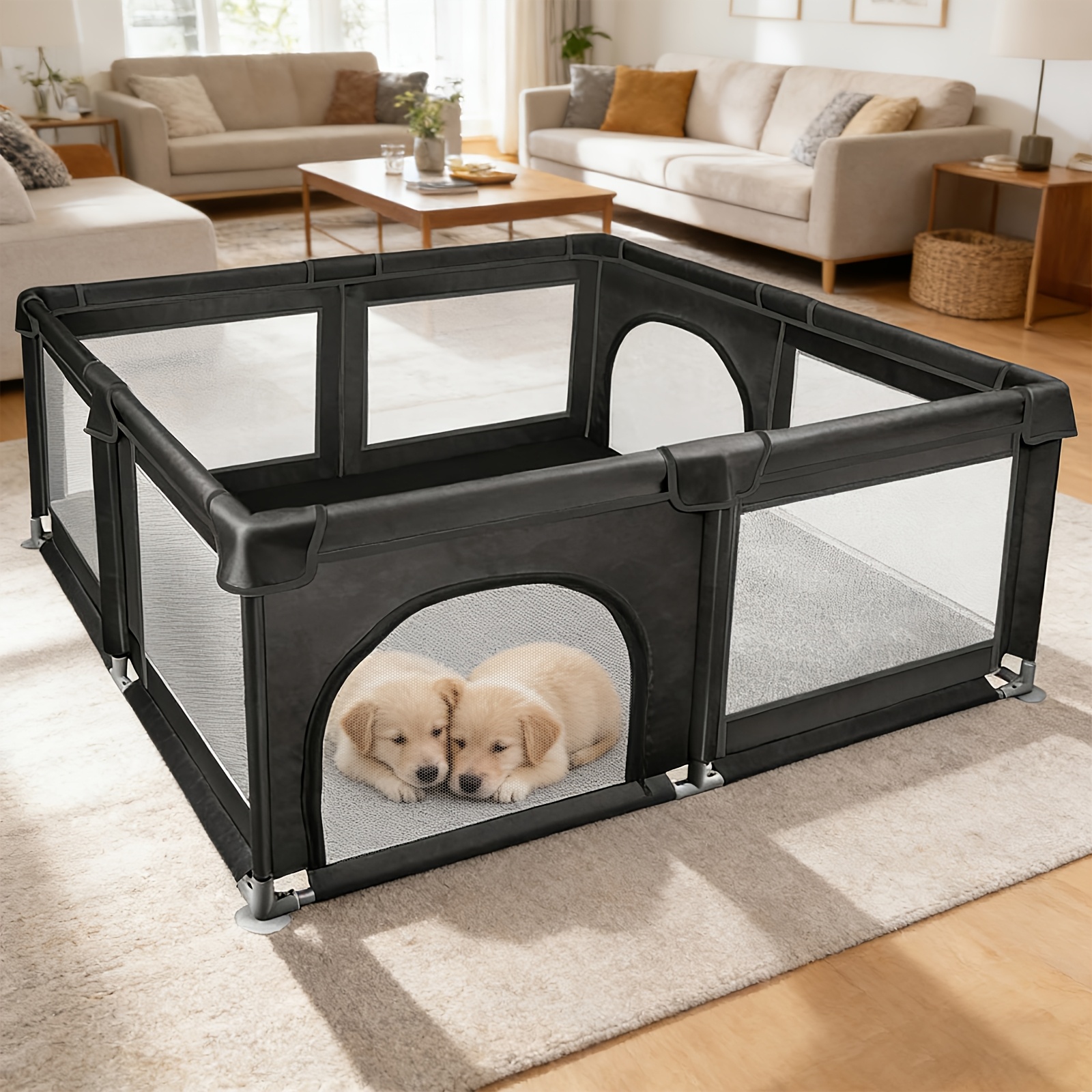 TEMU Mid-size 120x120cm Portable Pet Playpen With Gate - Heavy-duty Puppy & Cat Pen, Assembly Indoor/outdoor Enclosure Suitable For Small Animals,