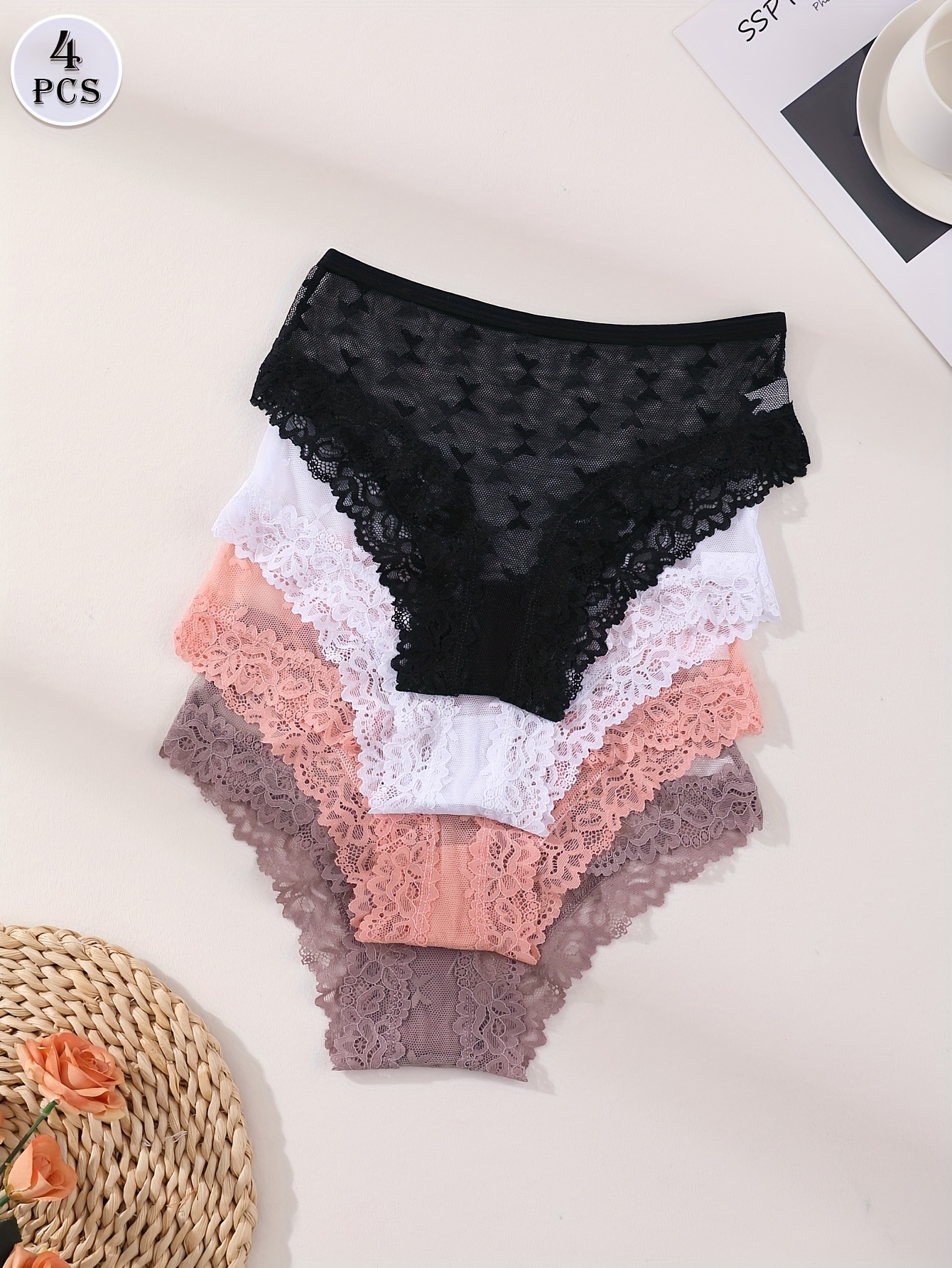 4pcs women lace panties floral hollow out transparent underwear solid drop waist briefs for women     plus size mesh underpants