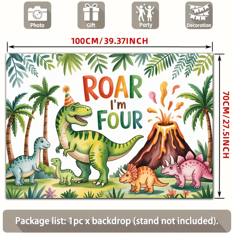 TEMU 2d Flat, [party Banners] 2d Flat Banner, 1pc I'm Four, Colorful Dinosaurs, Party Hat, Erupting Volcano, Palm Trees Polyester Backdrop, For Party