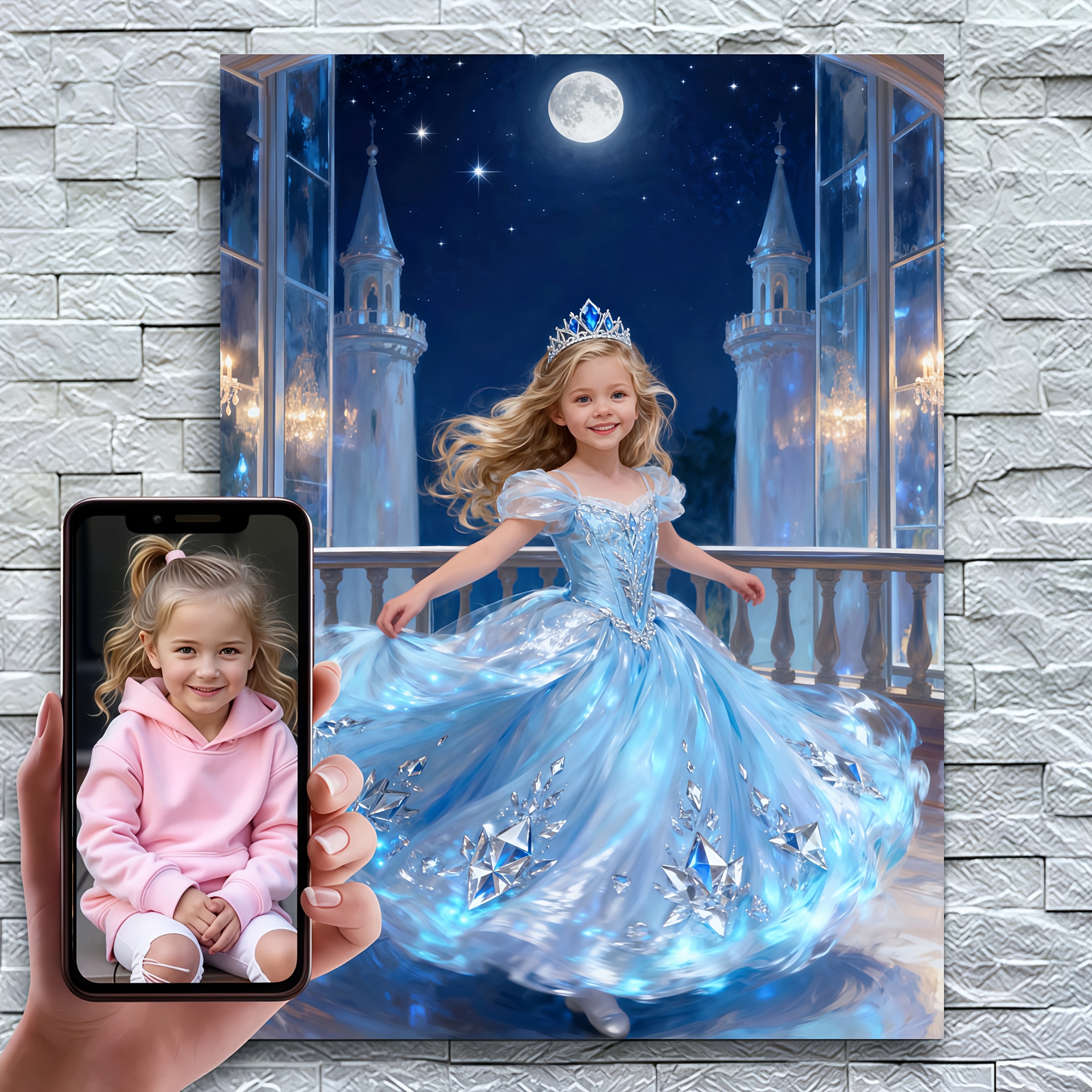 TEMU 2d Flat, 2d Flat, 1pc Custom Princess Portrait Canvas Poster With Frame Wall Art, Personalized Girl Portrait, Girls . Suitable For Children,