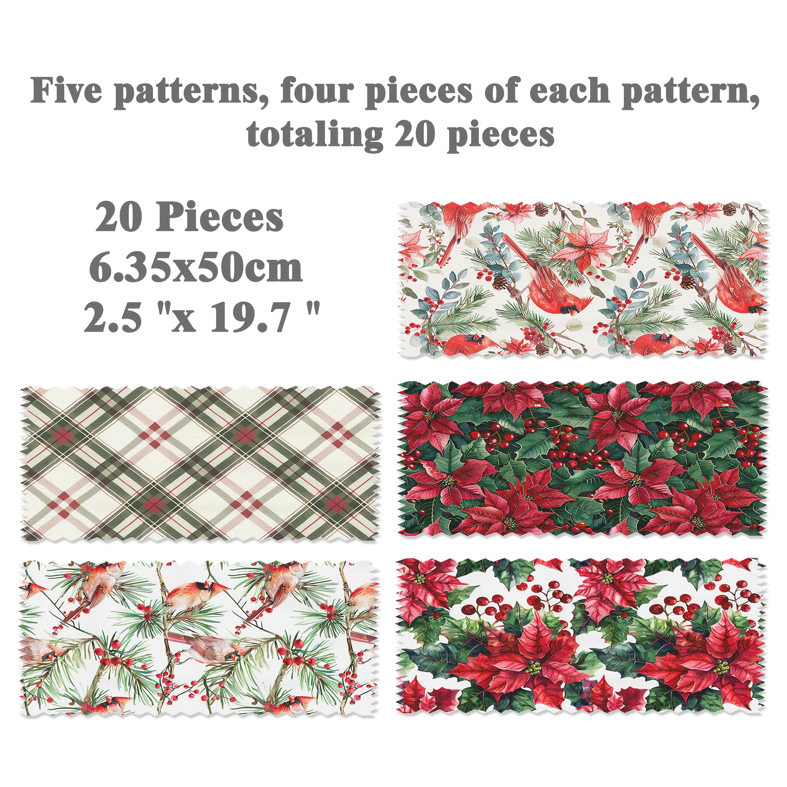 TEMU Bandes de tissu longues à imprimé de Noël avec poinsettia, et à carreaux, lot de 20, taille 6,35×50 cm, tissu 100 % fibre de , matériel de