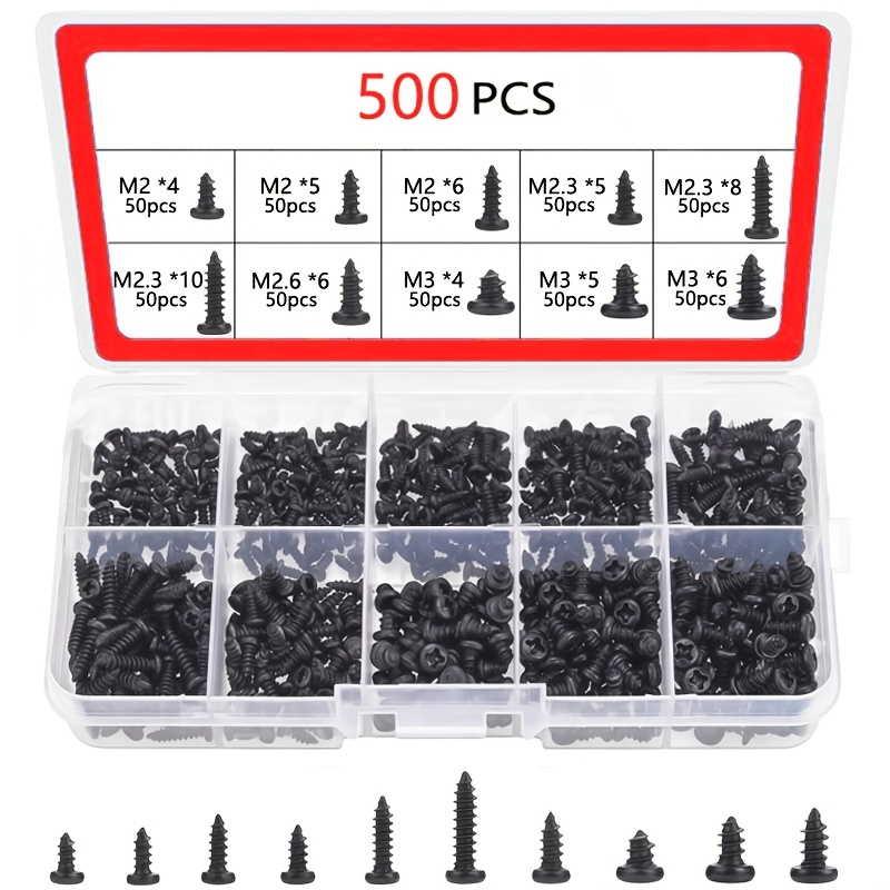 TEMU A Set Of 500 Steel M2-m3 Cross Round Head Micro Self-tapping Screws, Featuring A And Right-hand Thread Round , Comes With A Sequential Storage