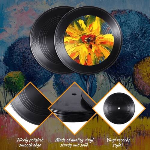 4 black blank vinyl record set records with center hole great for wall art decor vintage album projects aesthetic room grid display and decoration unfinished vinyl records batteries not
