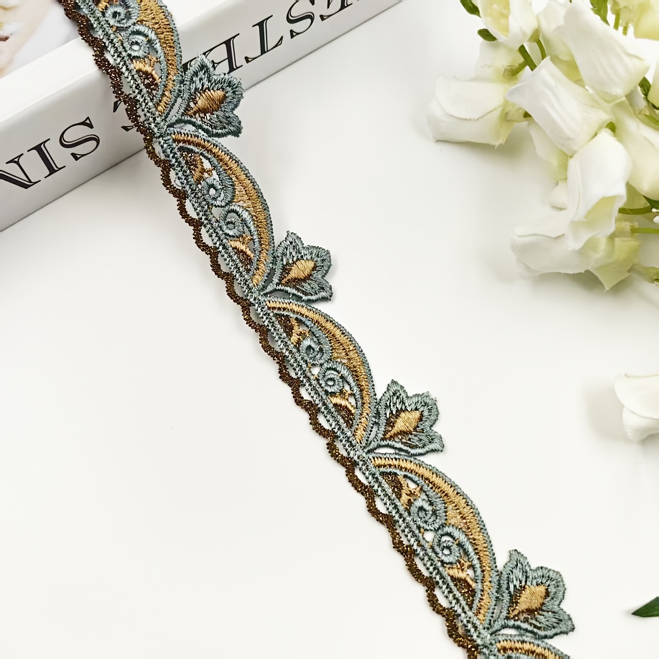 TEMU Vintage Green Water-soluble Embroidered Lace Suitable For Diy Hem Trim, Neckline & Cuff Edging - Thread For Sewing Crafts, Curtain Making,