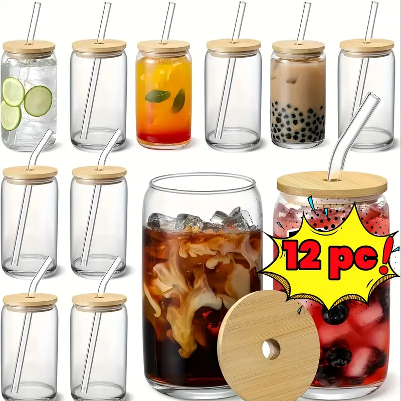 12pcs glass straw cup with bamboo lid mason jar water cup iced coffee cup glass cup with bamboo lid cute cup reusable suitable for furniture kitchen hotel home party supplies 18 7 ounces 550 milliliters Product details 0