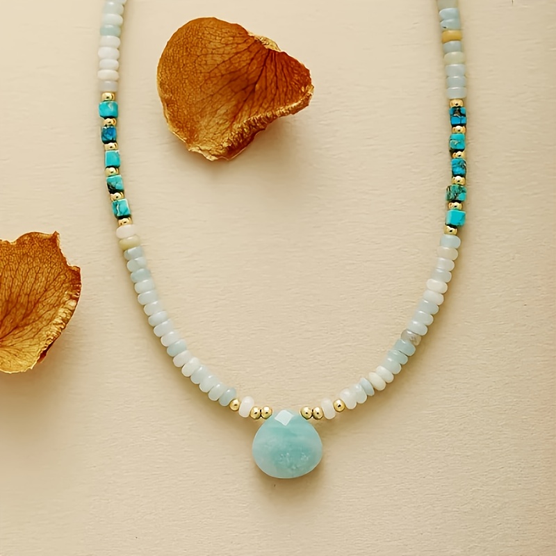 Image of Natural Stone 1pc Women's Amazonite Abacus Bead Necklace - Hand-, Turquoise Blue Stone, Vintage-inspired Perfect For Fall Winter Long Natural Stone Necklace