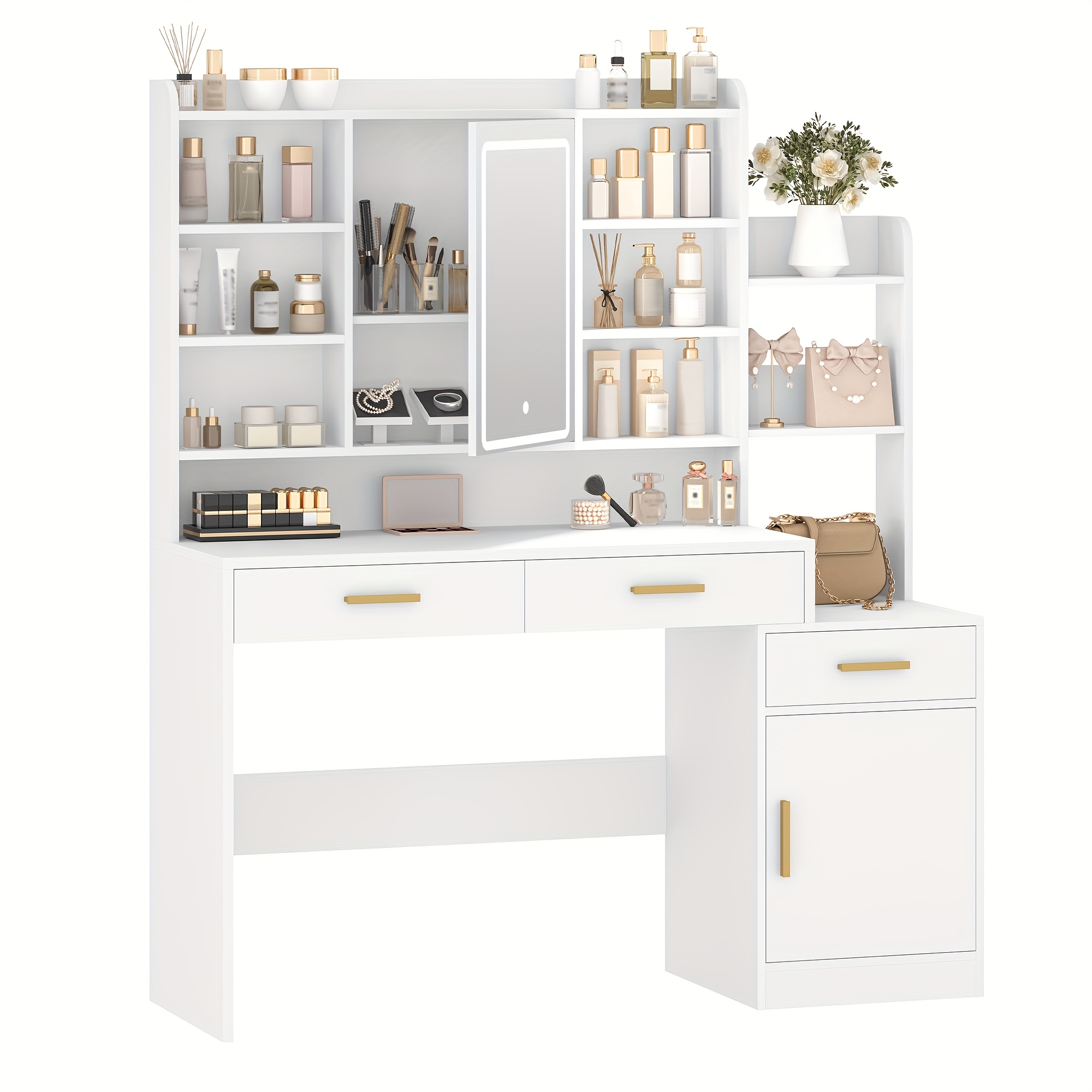 Dressing Table, Large Table Top With Mirror, 3 Drawers And 1 Cupboard, Open Multi-level Shelves, For Bedroom, Wardrobe, 40 X 130 X 149cm, White