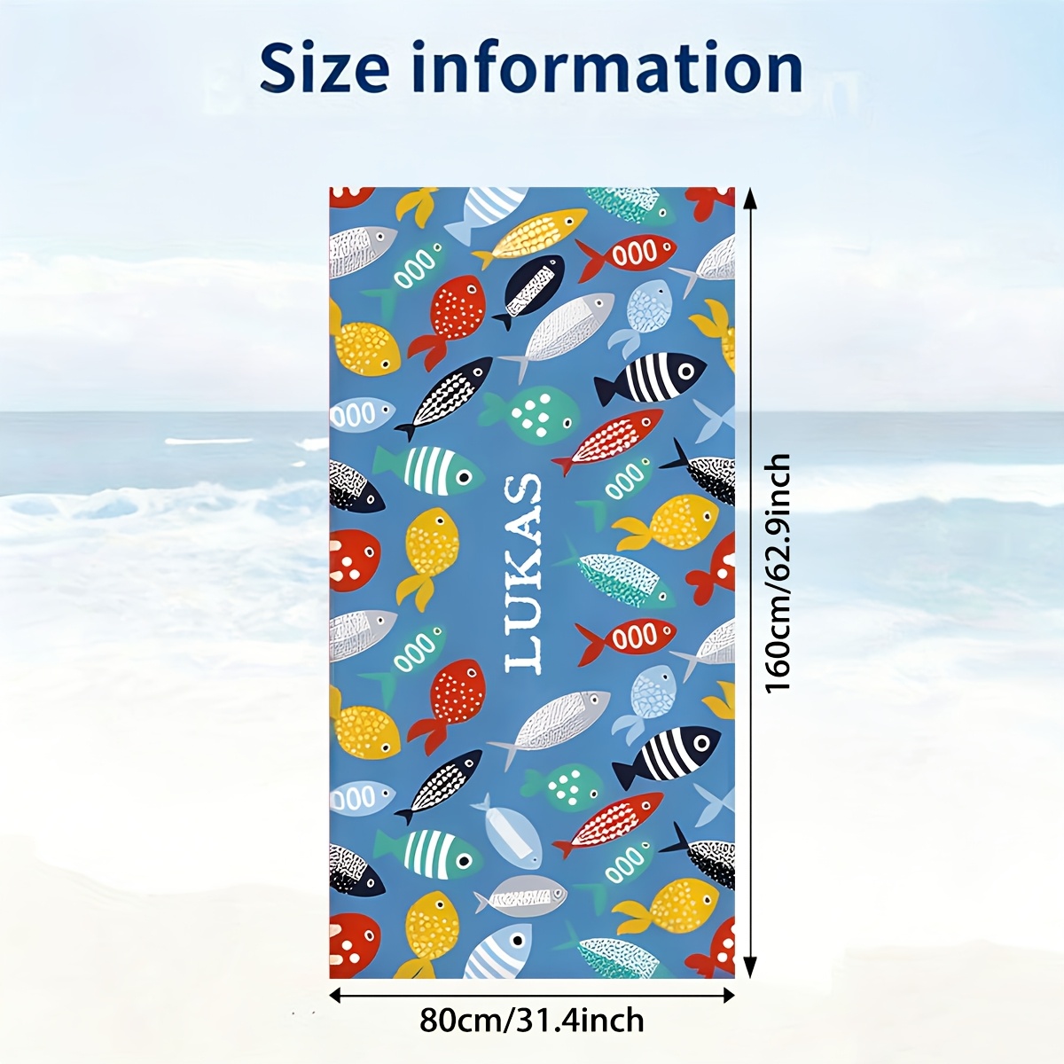 TEMU Artículo personalizado 1pc Toalla personalizada con diseño de pescado, azul, estilo tropical de dibujos animados, personalizado, toalla de playa