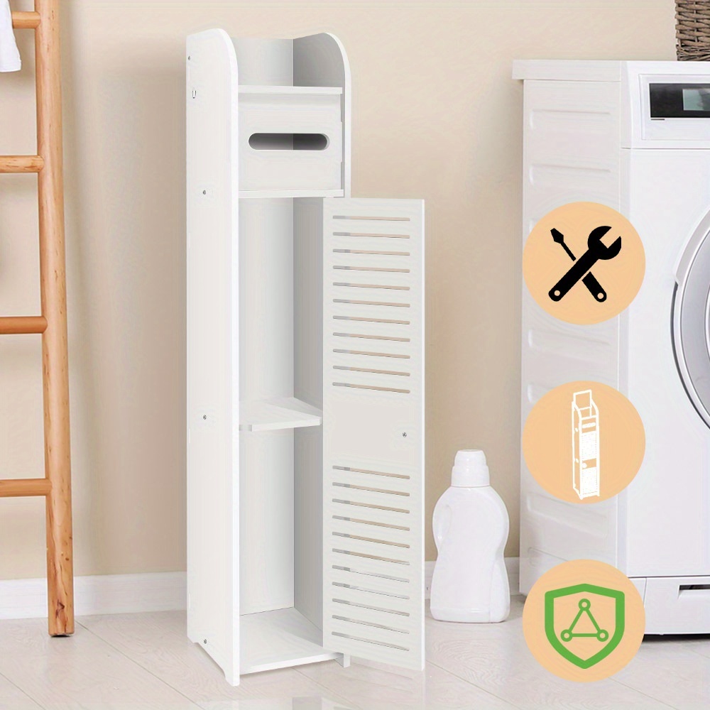 TEMU Bathroom Floor Cabinet, Slim White Storage Cabinet With Door, Narrow Free Standing Cupboards Adjustable Shelves For Bathroom, Bedroom Or Balcony