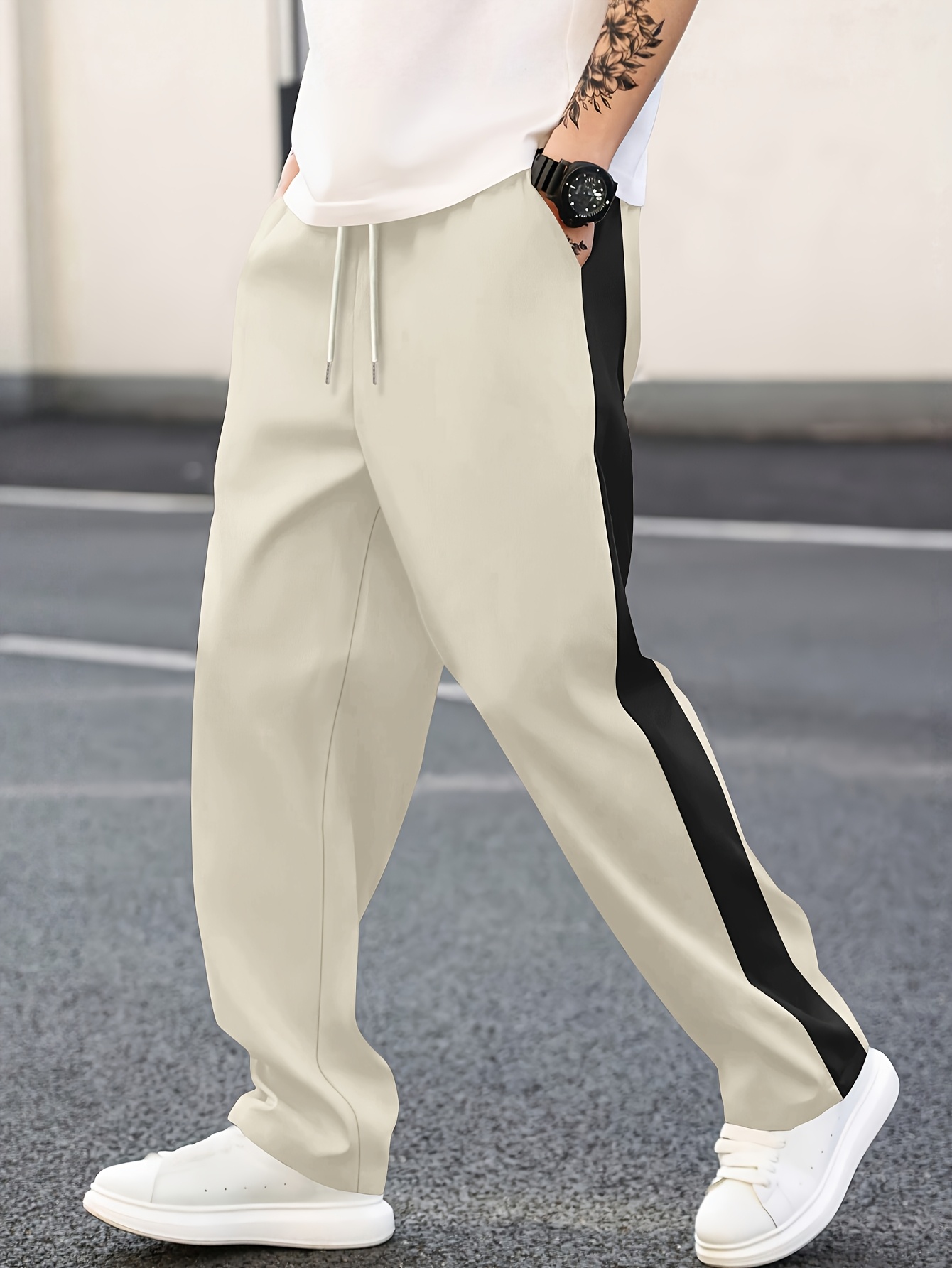 Men's Pants White Joggers With Black Stripe Men's White And
