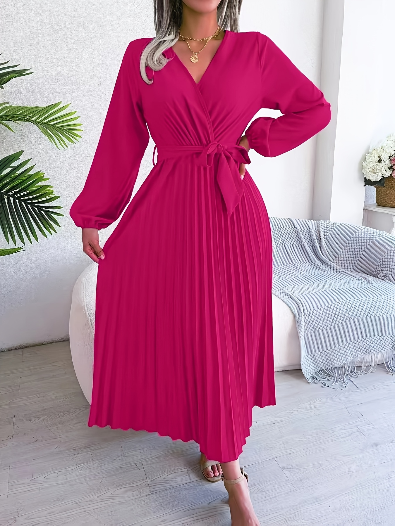 elegant women's v neck long sleeve a line maxi dress Temu Poland