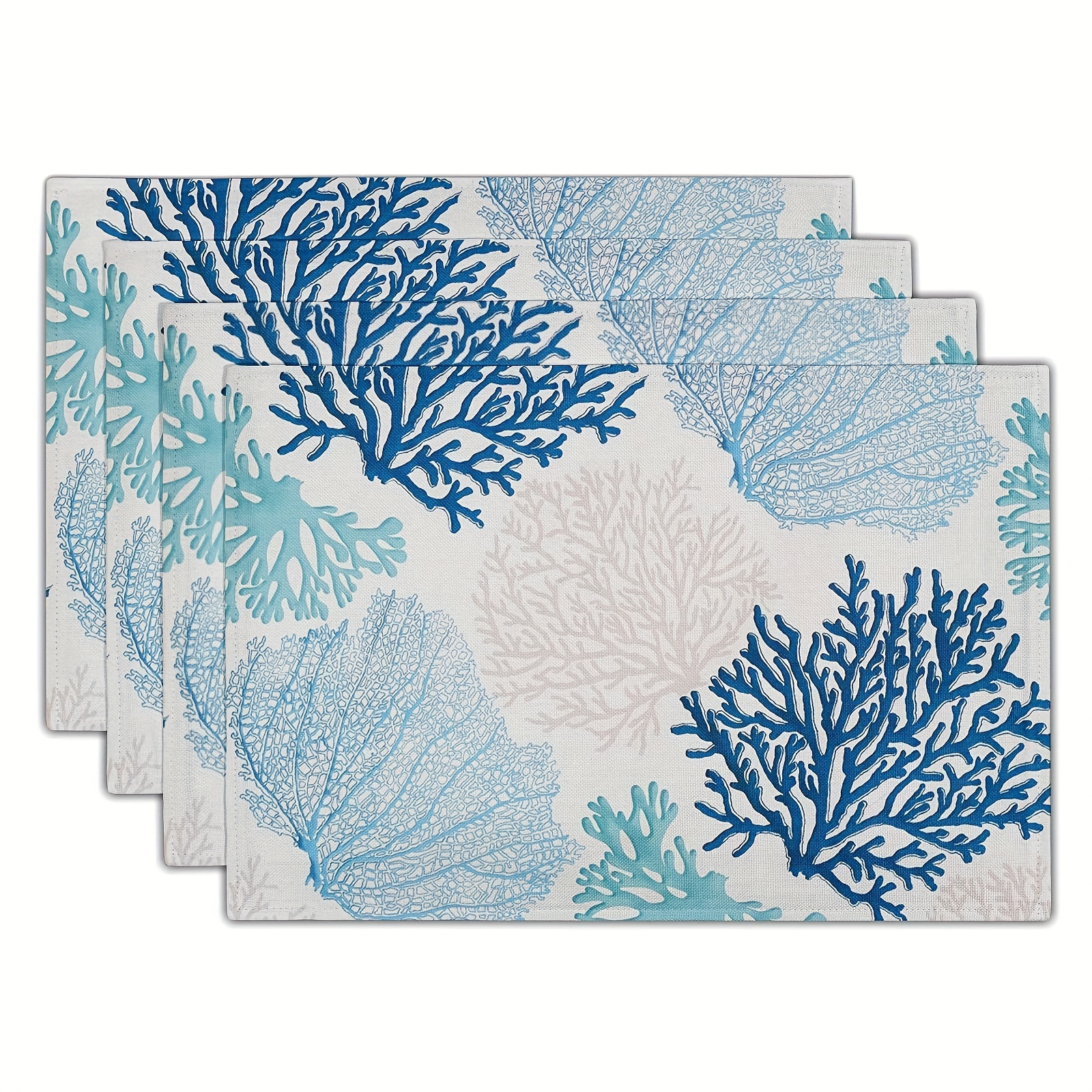 

4pcs, Placemats, Ocean Theme Coral Printed Placemats, Summer Blue White Coral Reef Table Place Mat, Dining Kitchen Decor, Room Decor