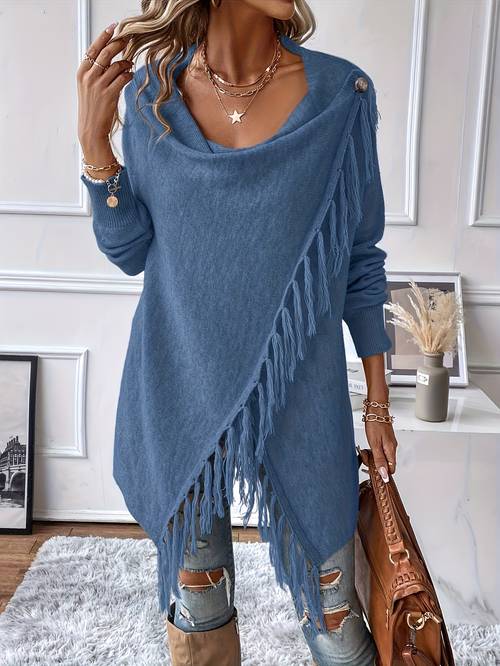 fringed trim draped neckline shawl