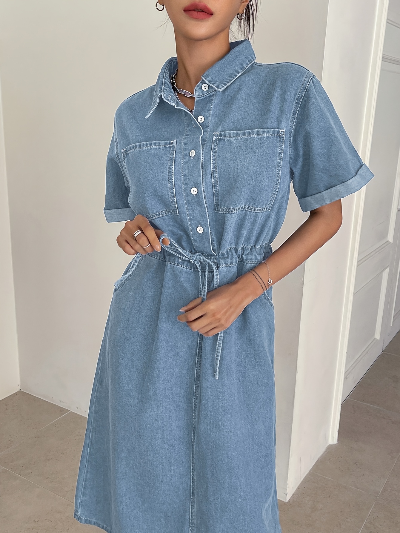 knee length dresses for ladies BRIMBLE COLLARED V FAUX BUTTON UP SHORT SLEEVE PLEAT DETAIL DENIM MAXI DRESS