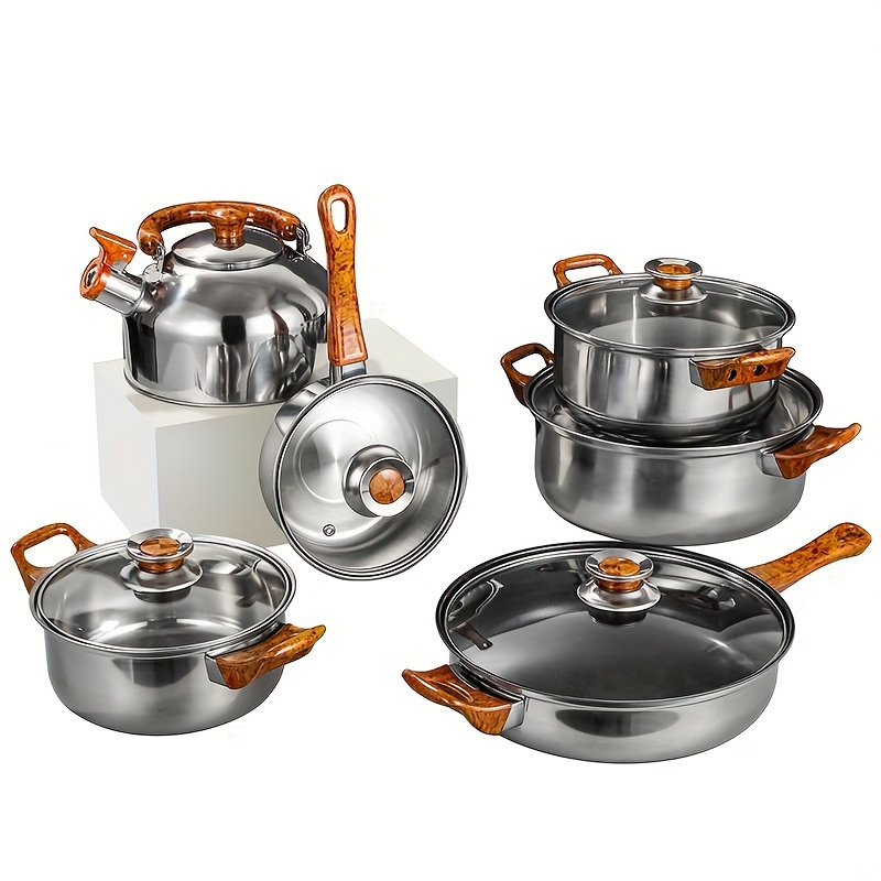 

12-piece Pot Set, Stainless Steel Pot Set With Kettle, Wood Grain Handle, Non-stick Frying Pan Kitchen Utensils