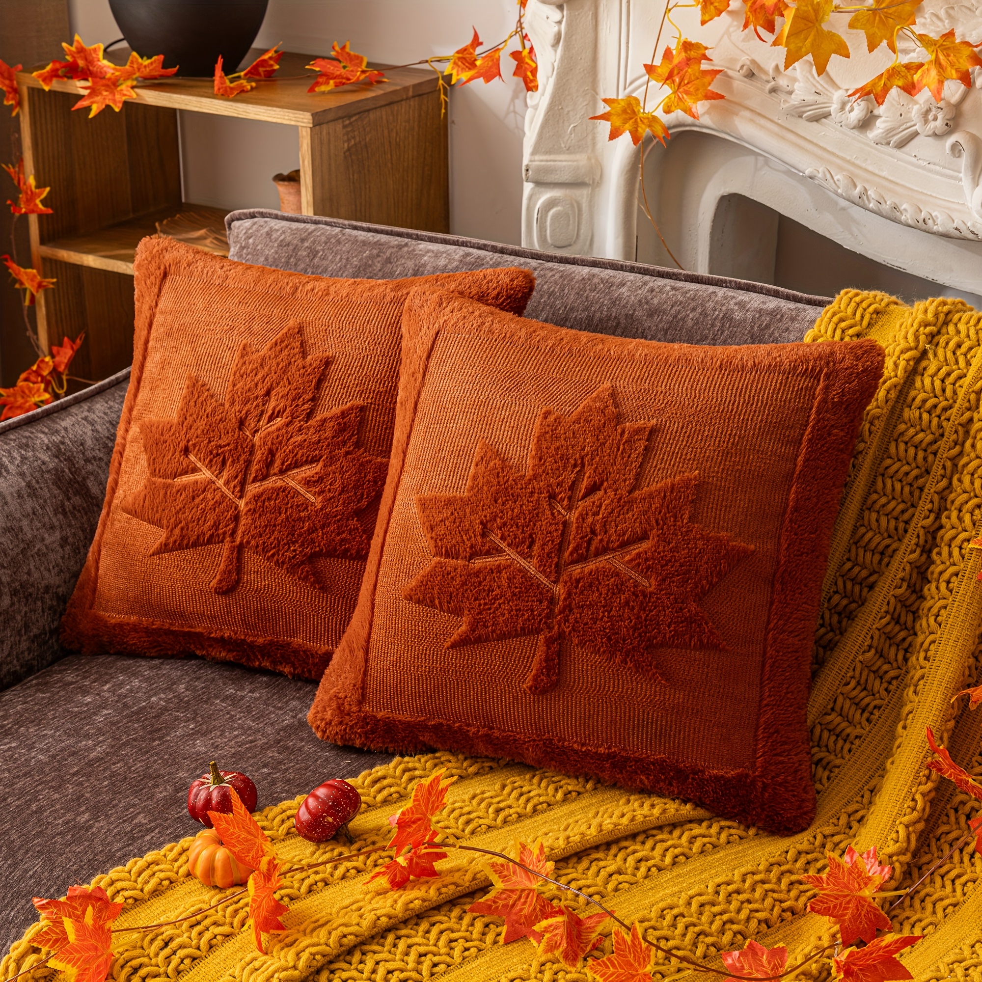 TEMU Autumn Pillowcase 2pcs, Home Decor Maple Leaf Embroidered Soft Short Plush Pillow Covers, Thanksgiving Vintage Ginger Pillowcases, Suitable For