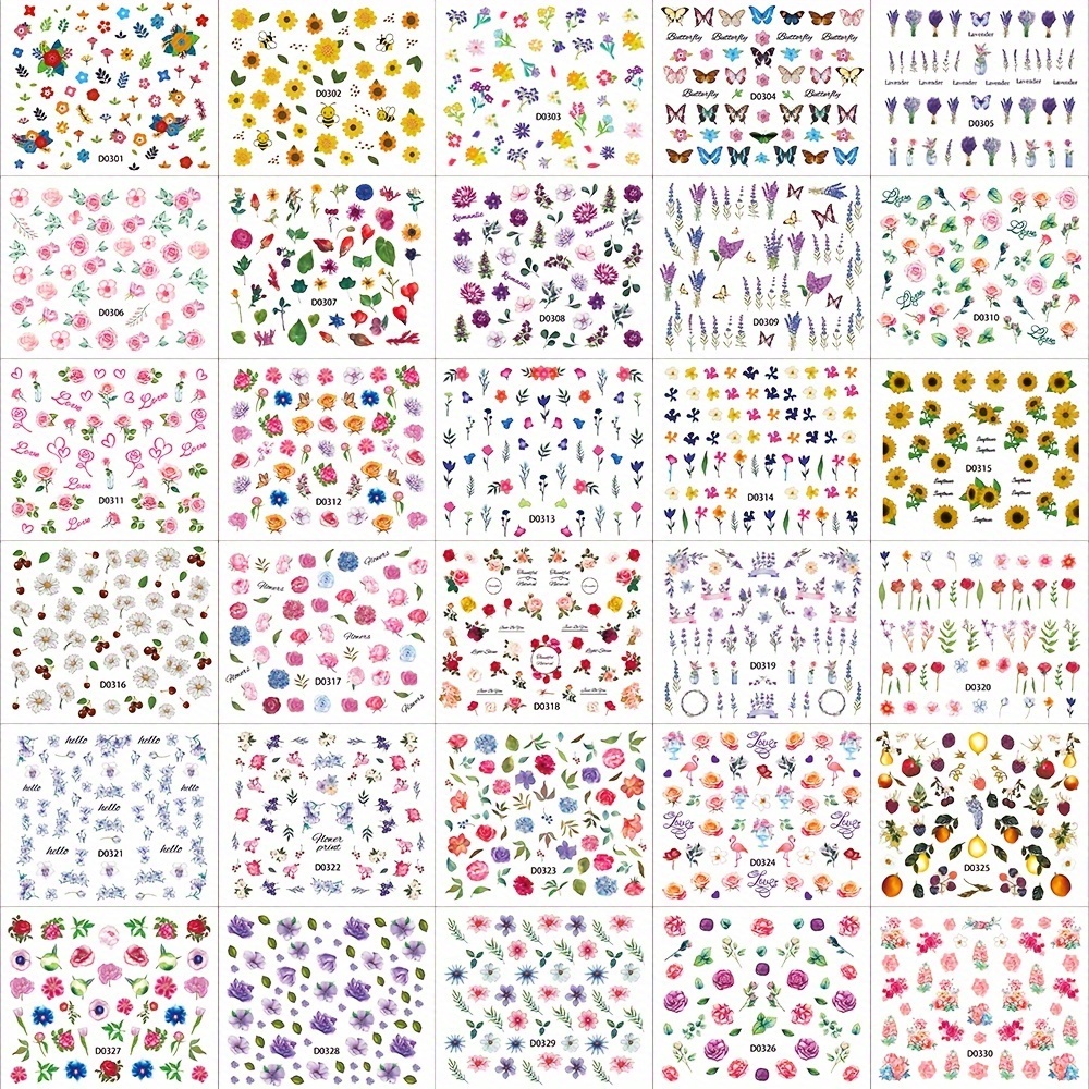 Image of Set Of Featuring Stylish 3d Floral Nail Stickers, Including Vibrant Daisies, Sunflowers, And Designs. Self-adhesive Decals Have A Sparkling End, Perfect For