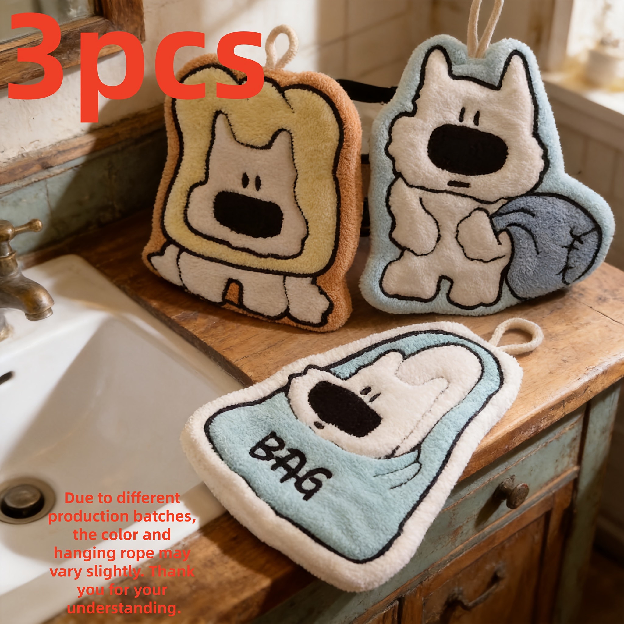 TEMU 3pcs Set: Cute Cartoon Hanging Hand Towel, Super Absorbent Coral Quick- Towel Wipe Cloth, Creative Toast/bag-shaped Puppy Design Decorative
