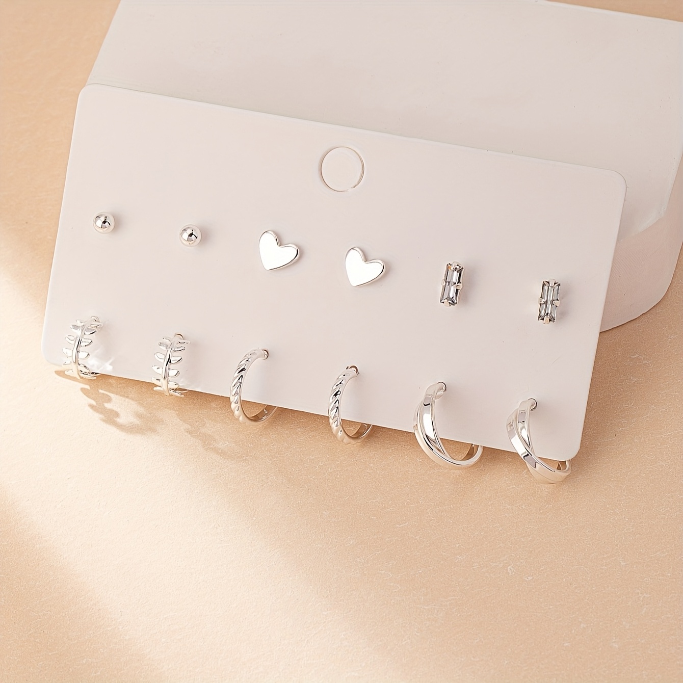 Image of 6 Pairs Set Fashionable Trendy Classic Easy Style Small Ball Leaf Heart Symbol Studs Hoops Suitable For Women' Vacation Beach Party Wear Gift Jewelry Additions