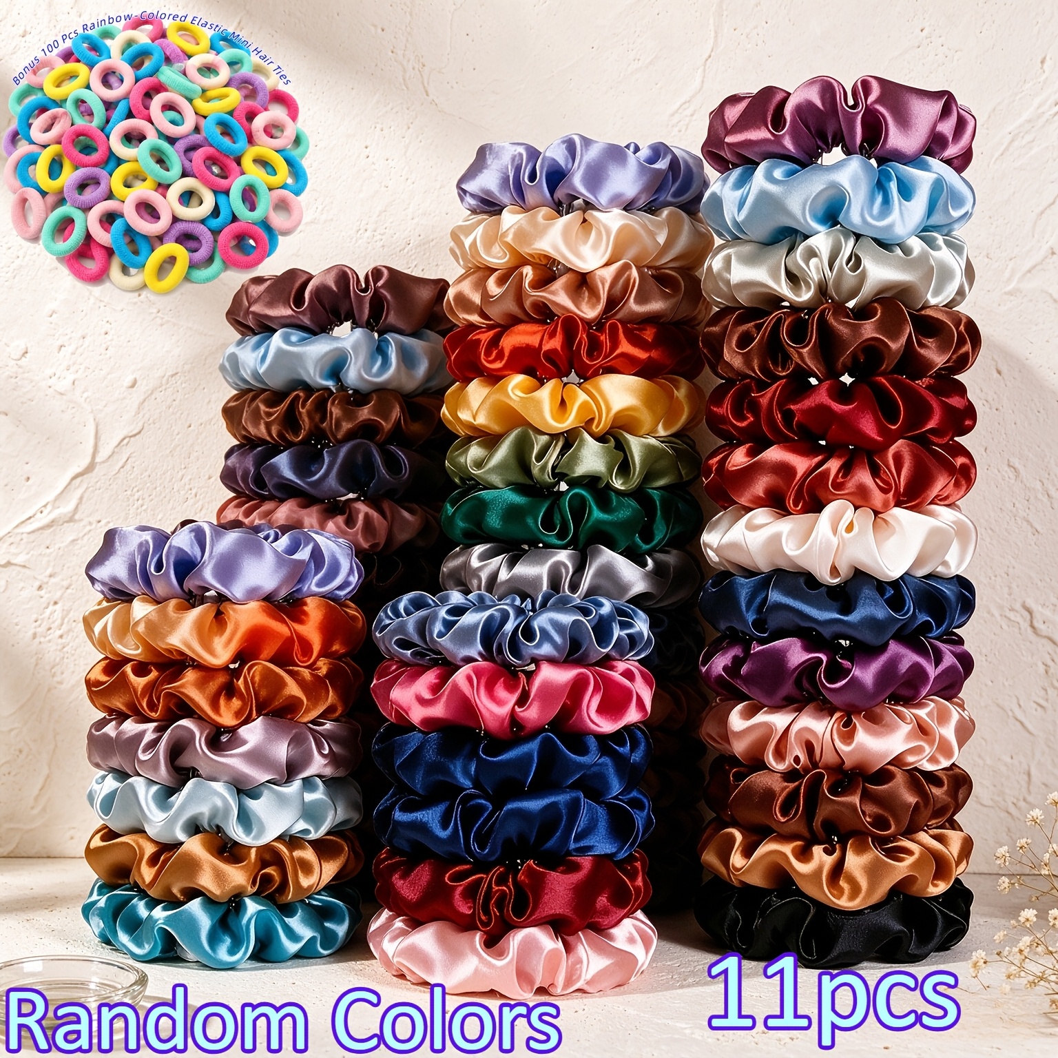 TEMU 111pcs Women's Hair Accessory Set: 100pcs Elastic Mini Hair Ties + 11pcs Satin Thin Scrunchies, Random Colors, Daily Commute Updo And Hair Tying