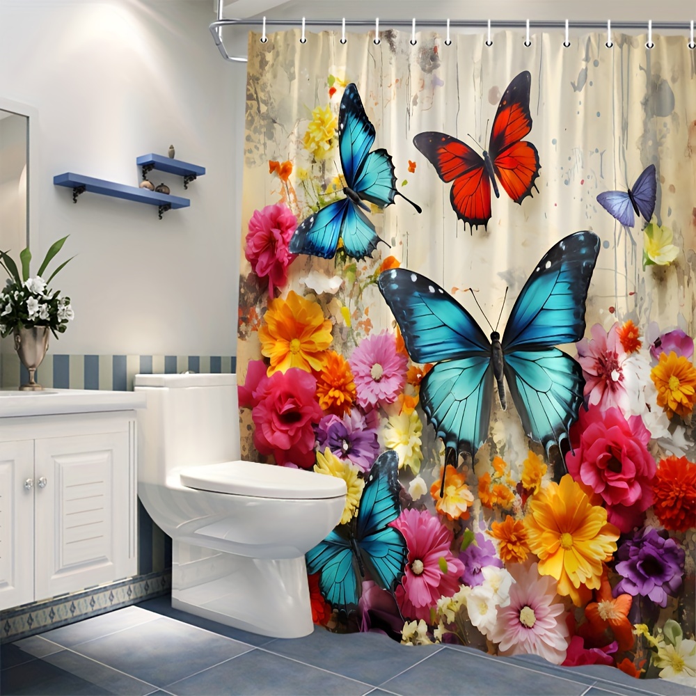 

1pc Colorful Butterfly & Blooming Flowers Shower Curtain, Polyester, 70.86x70.86 Inches, Decorative Bathroom Curtain With Hooks, Vibrant Floral Decor For Home