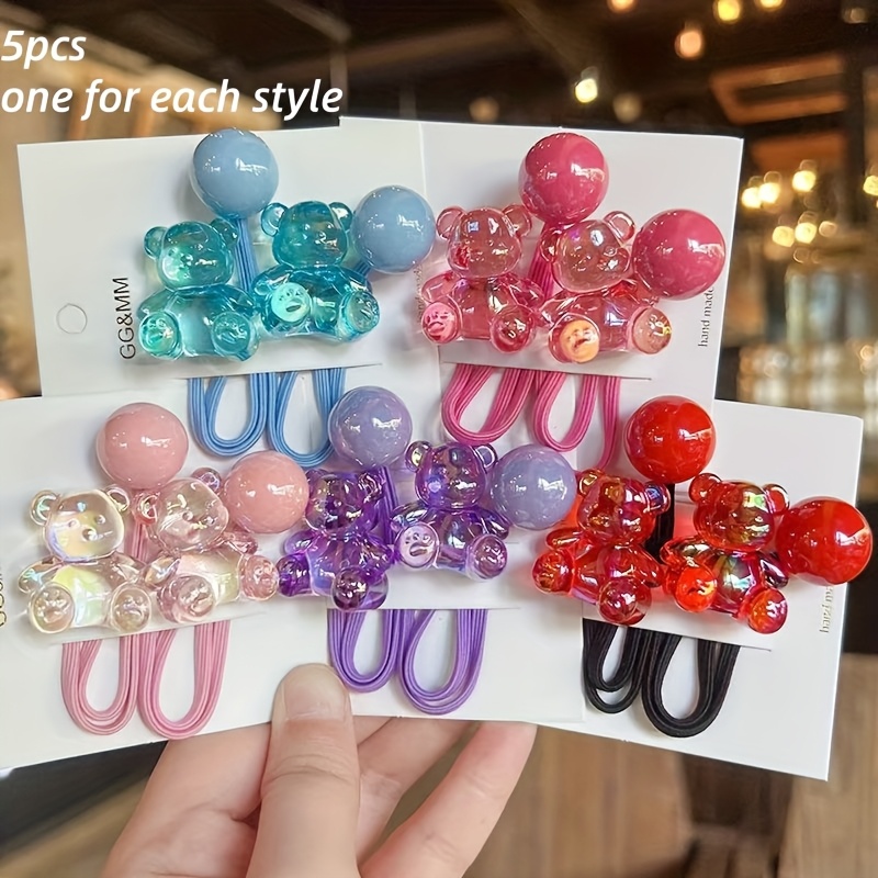 TEMU 5pcs Jelly-colored Semi-transparent Sitting Bear Hair Ties, Resin Cream Sugar Beans Headwear Hair Accessory Good For Ponytail. Suitable For , Festivals, Trips, Photography, To And Other Occasion