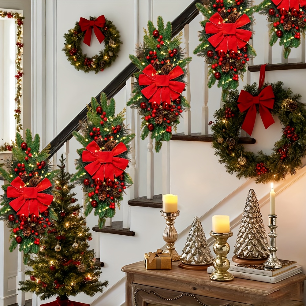 2-Pack 24-Inch Christmas Wreaths, Suitable for Doors, Stairs, Home Decor, Festive Christmas Wreaths (Red, Classic Style), Stair Hanging Wreaths, Christmas Ornaments