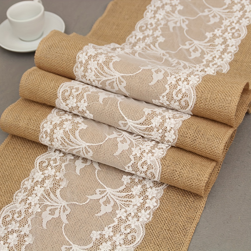 Image of 12 X 108 Inches (approximately 30 X 275cm) Vintage Lace Burlap Table Runner, Rustic Country Vintage Burlap Roll, Suitable For Weddings, Thanksgiving, Christmas Parties - Natural