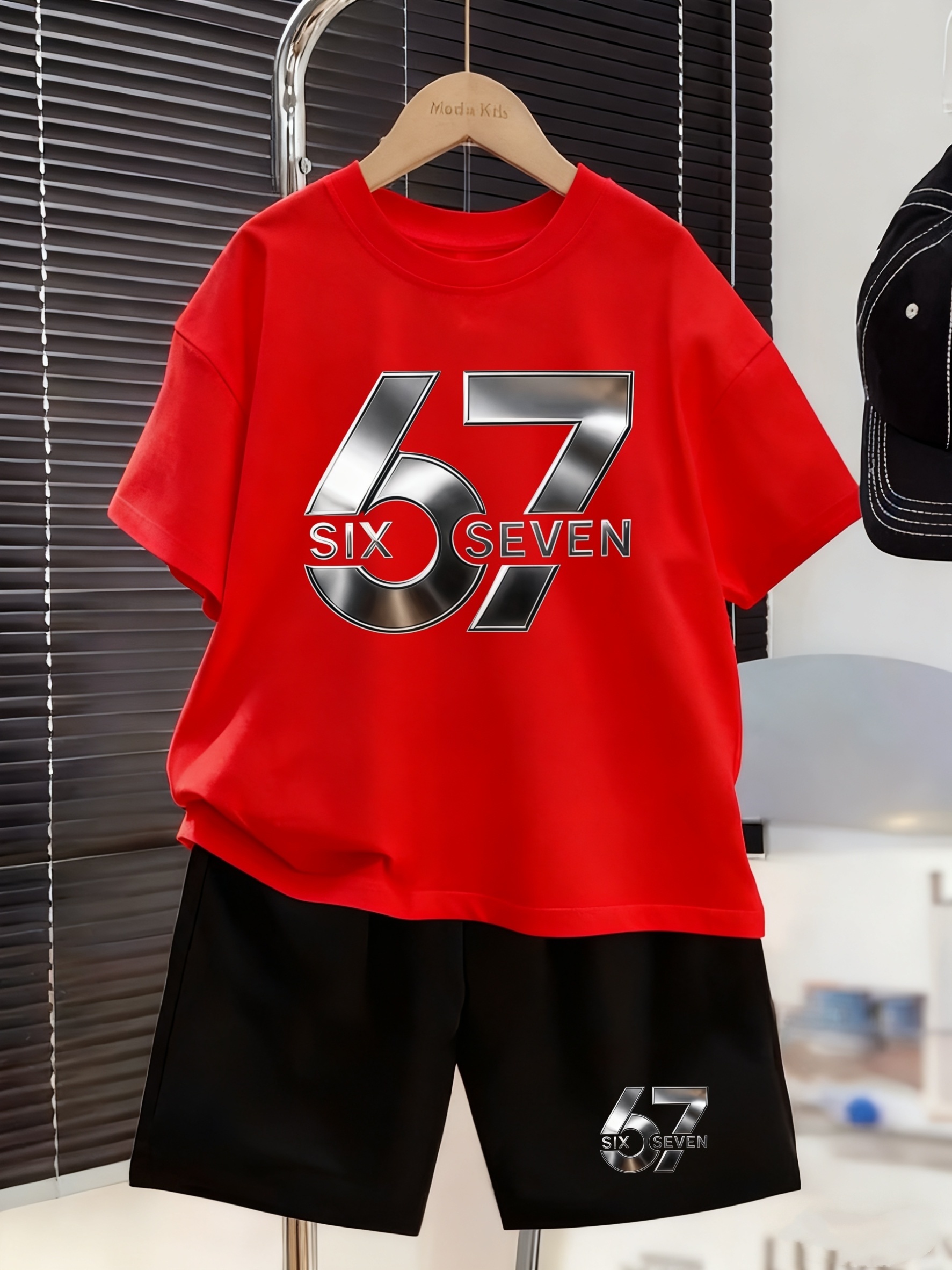 Boys' 2pcs Set Featuring a Short-Sleeve T-Shirt And Shorts, with '67' Letter Print. This Casual Summer Outfit for Young Boys Is Stylish And Suitable for Spring And Autumn. It Is Perfect for Everyday Wear, Trendy for Youth, for Outdoor