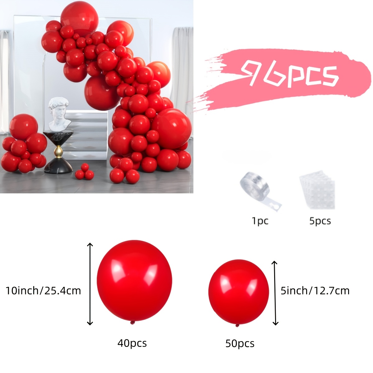 TEMU 96pcs Set Of Red Latex Balloons, Suitable For Weddings, Birthdays, Graduation Ceremonies, Anniversaries, Carnivals, New Year, Home Decoration,