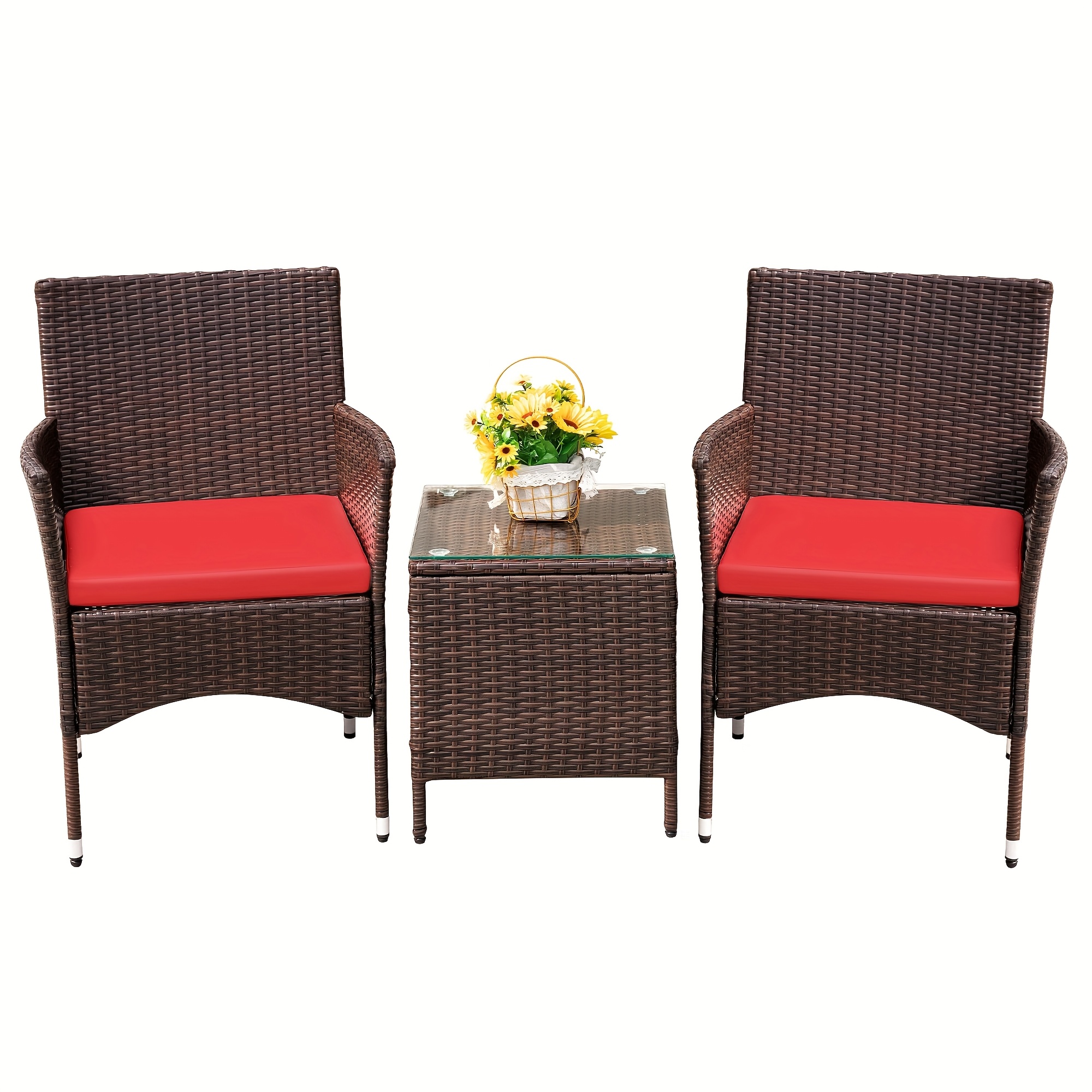 3pcs Rattan Outdoor Patio Set Wicker Conversation Set with Cushion Glass Coffee Table