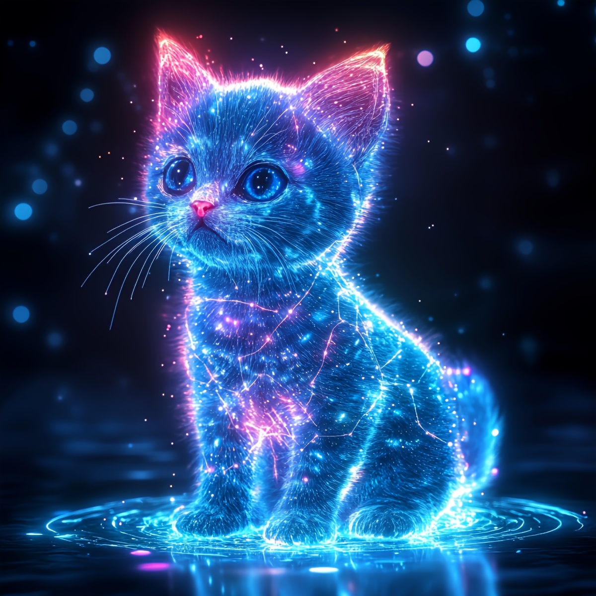 Image of Blue Kitten Under Neon Light, Frameless Diamond Painting Kit. 5d Set. Gemstone Art Painting With Diamond Round Dot Art And Crafts Suitable For Beginners Adults Wall Decor