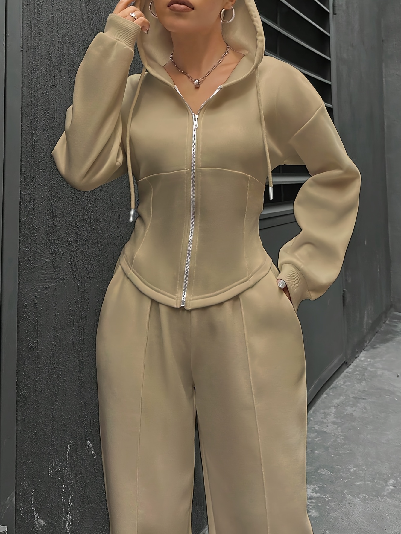 women's stylish gray hooded zip jumpsuit drawstring waist Temu