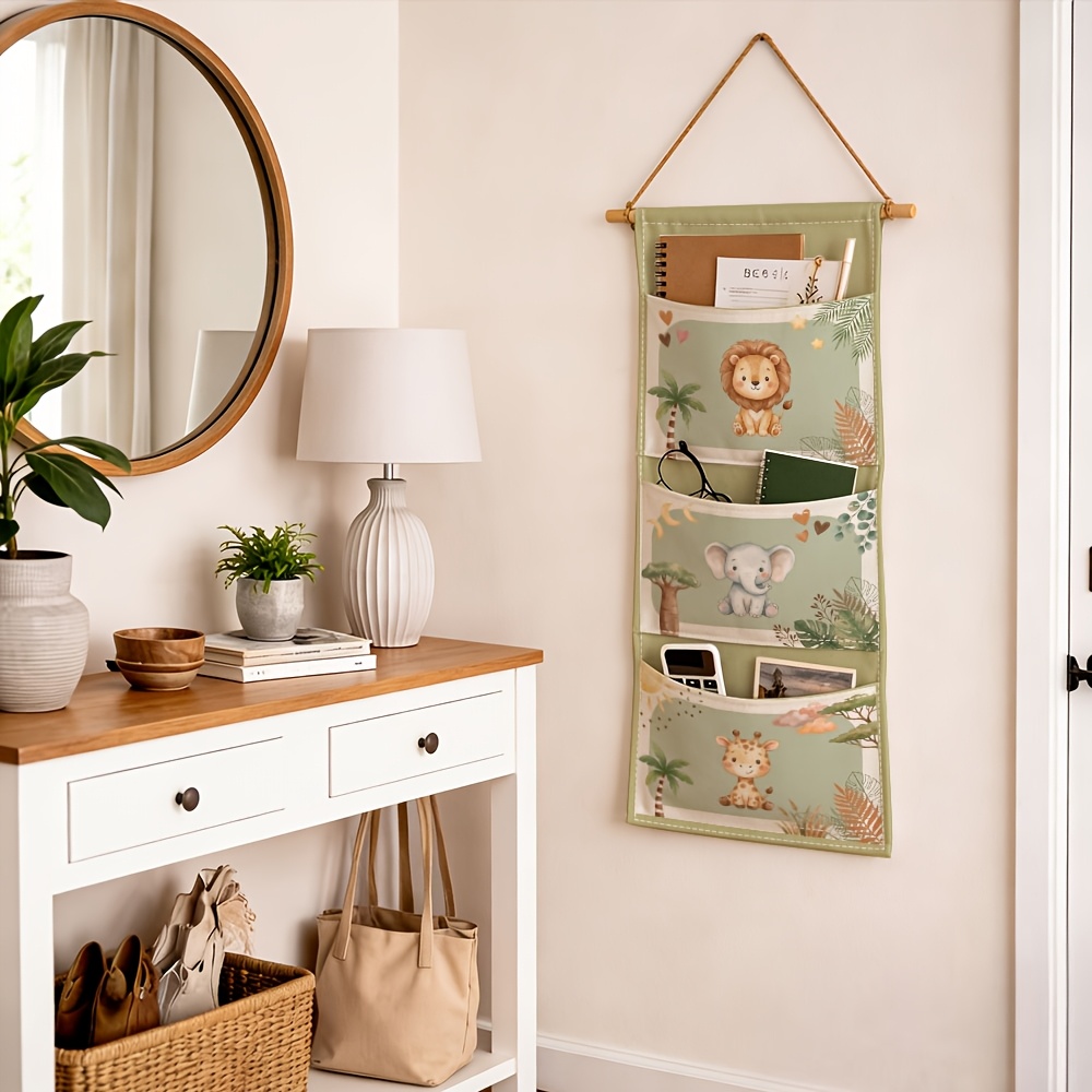TEMU 1pc Cute Animal Wall-mounted Storage Bag Baby Lion Elephant Giraffe Multi-tier Fabric Hanging Organizer With Space-saving Suitable For Living